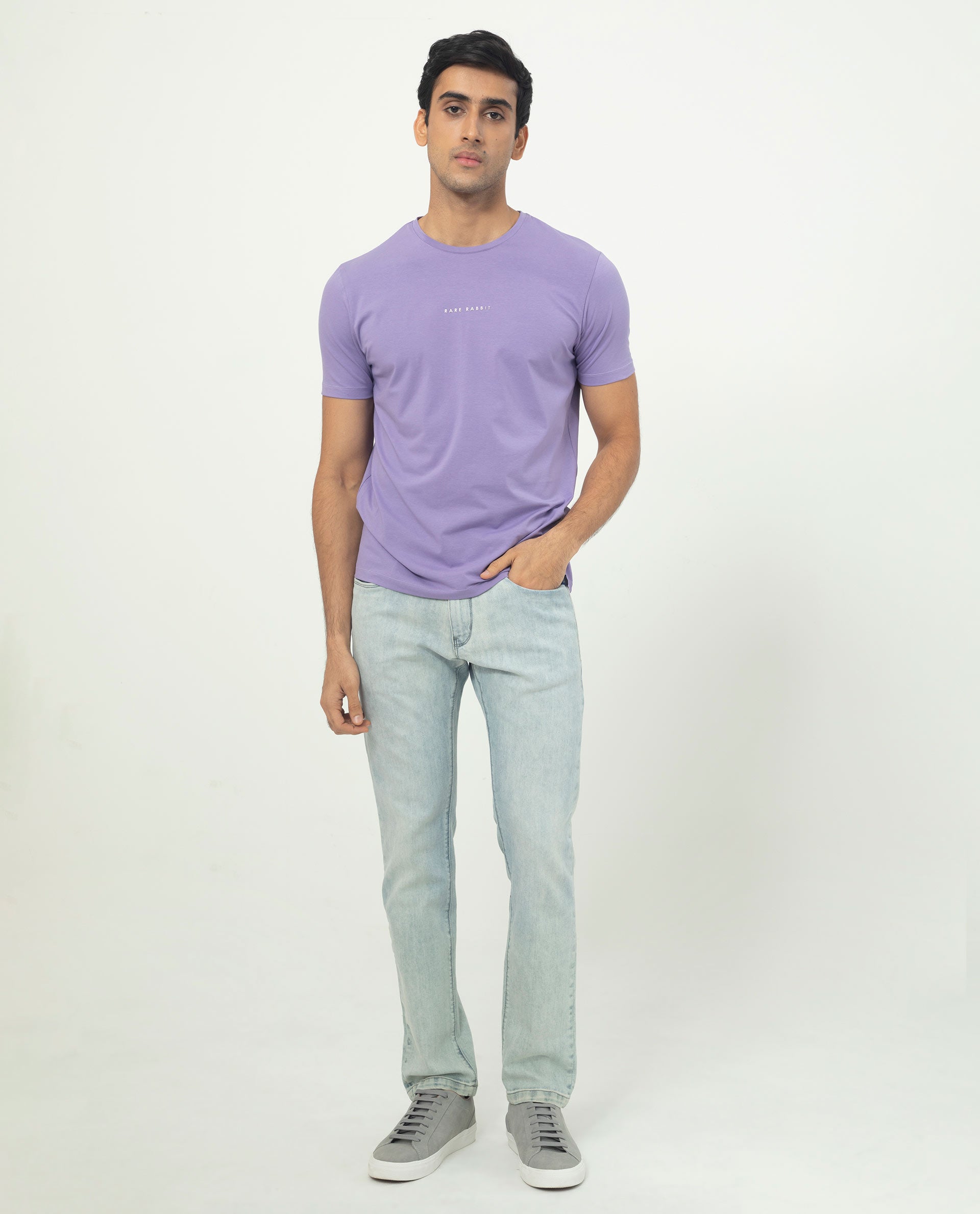 Rare Rabbit Men's Rabbit-5 Purple Crew Neck HD Print Branding Half Sleeves Regular Fit T-Shirt