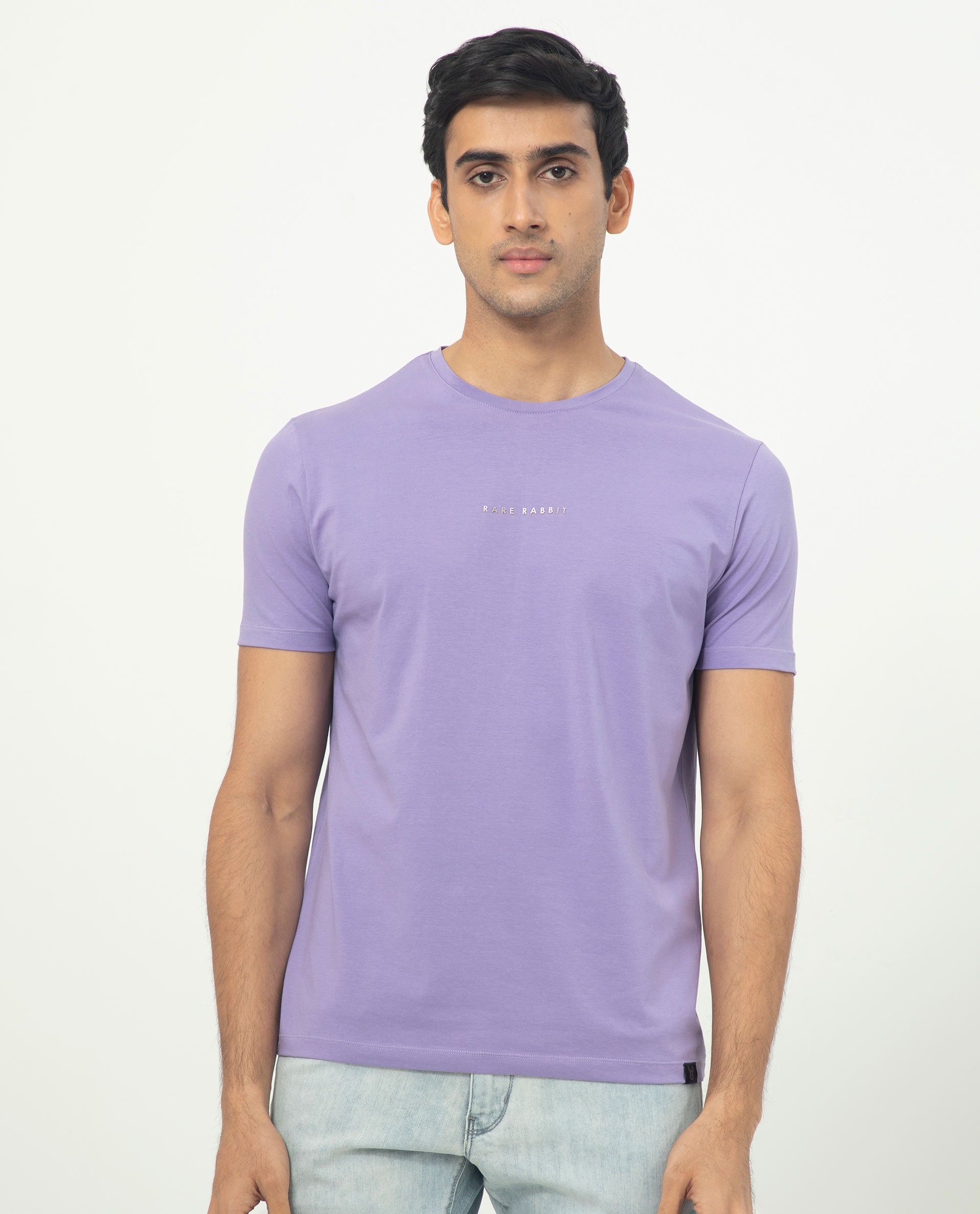 Rare Rabbit Men's Rabbit-5 Purple Crew Neck HD Print Branding Half Sleeves Regular Fit T-Shirt