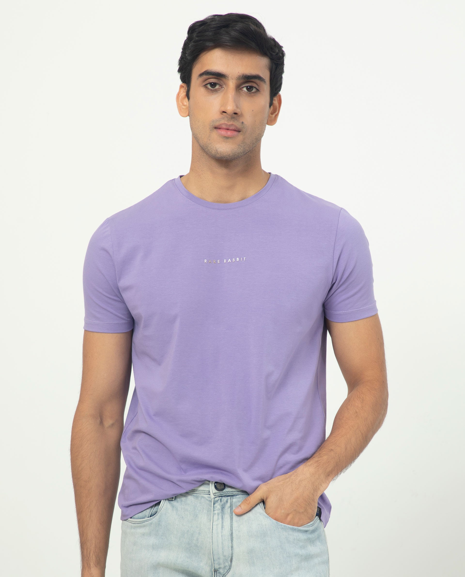 Rare Rabbit Men's Rabbit-5 Purple Crew Neck HD Print Branding Half Sleeves Regular Fit T-Shirt