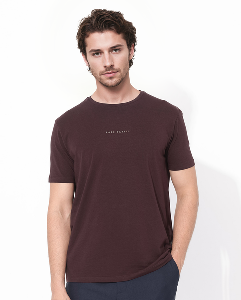 Rare Rabbit Men Saw Pastel Maroon Cotton Lycra Fabric Short Sleeve Crew Neck Label Print T-Shirt