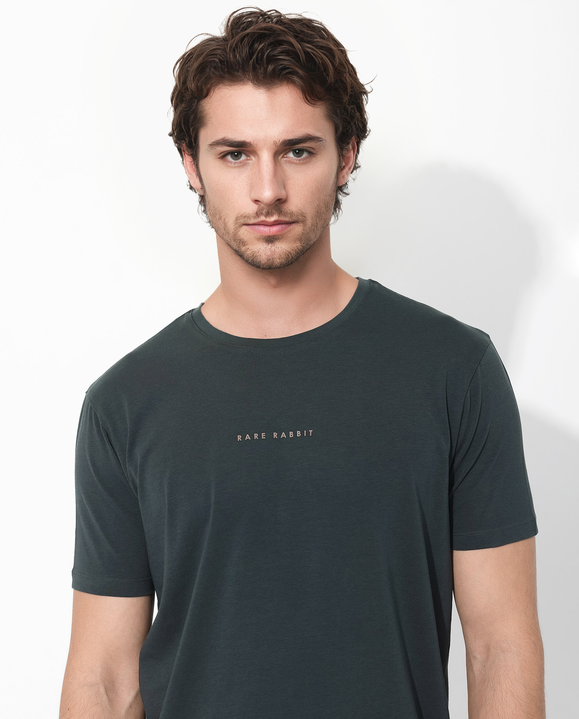 Rare Rabbit Men's Rabbit-Inf Dark Green Cotton Fabric Short Sleeves Crew Neck Regular Fit Plain T-Shirt