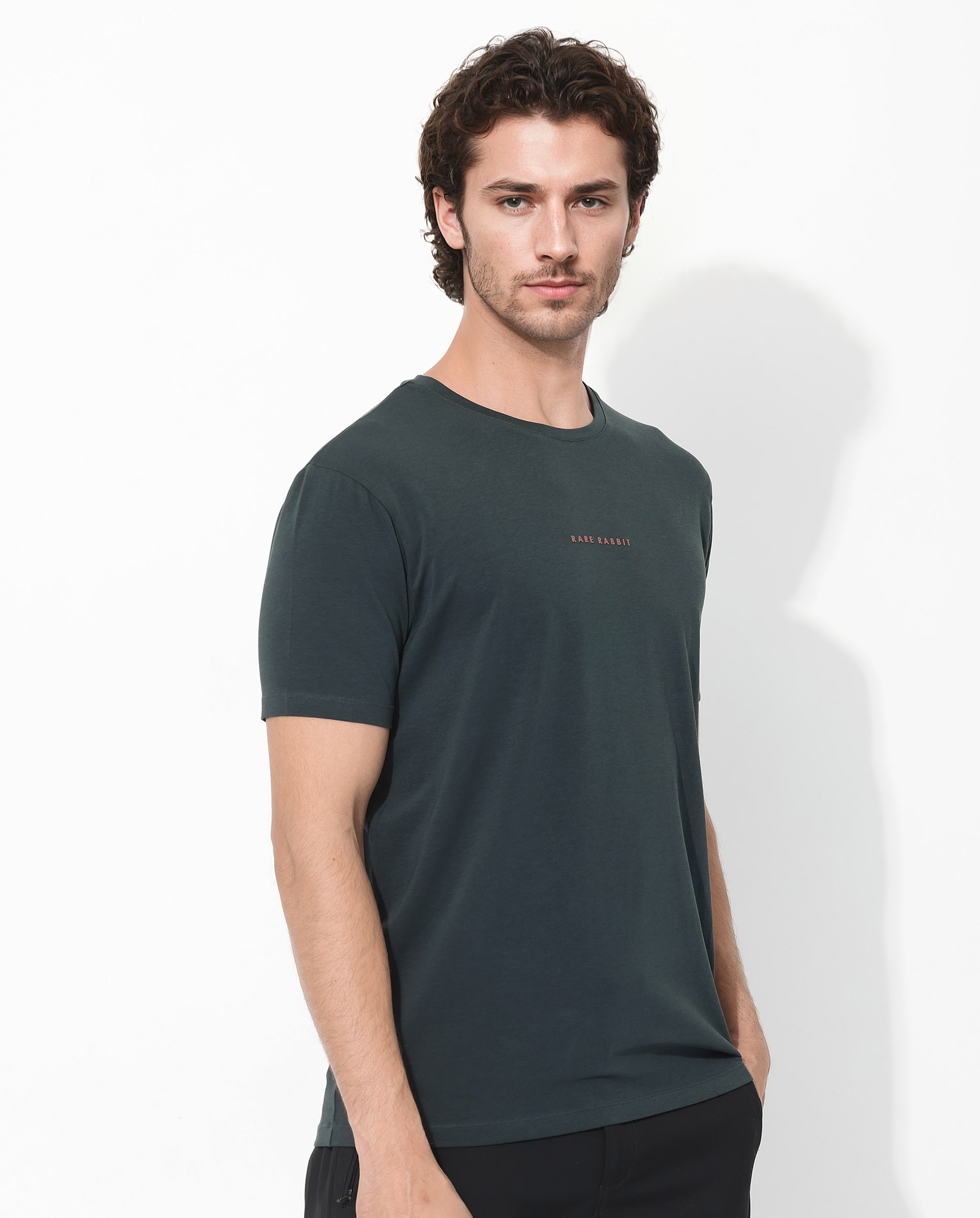 Rare Rabbit Men's Rabbit-Inf Dark Green Cotton Fabric Short Sleeves Crew Neck Regular Fit Plain T-Shirt