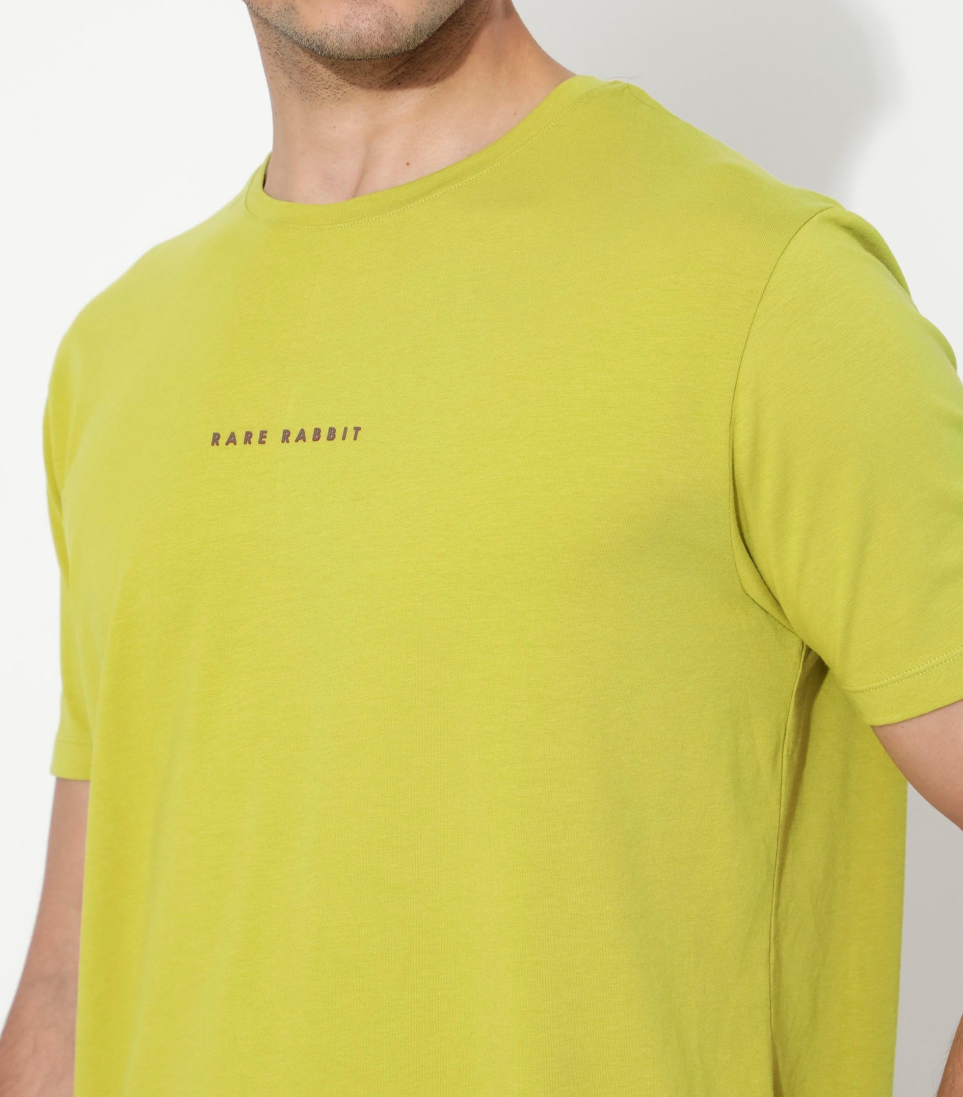 Rare Rabbit Men's Rabbit-Inf Flouroscent Green Cotton Fabric Short Sleeves Crew Neck Regular Fit Plain T-Shirt
