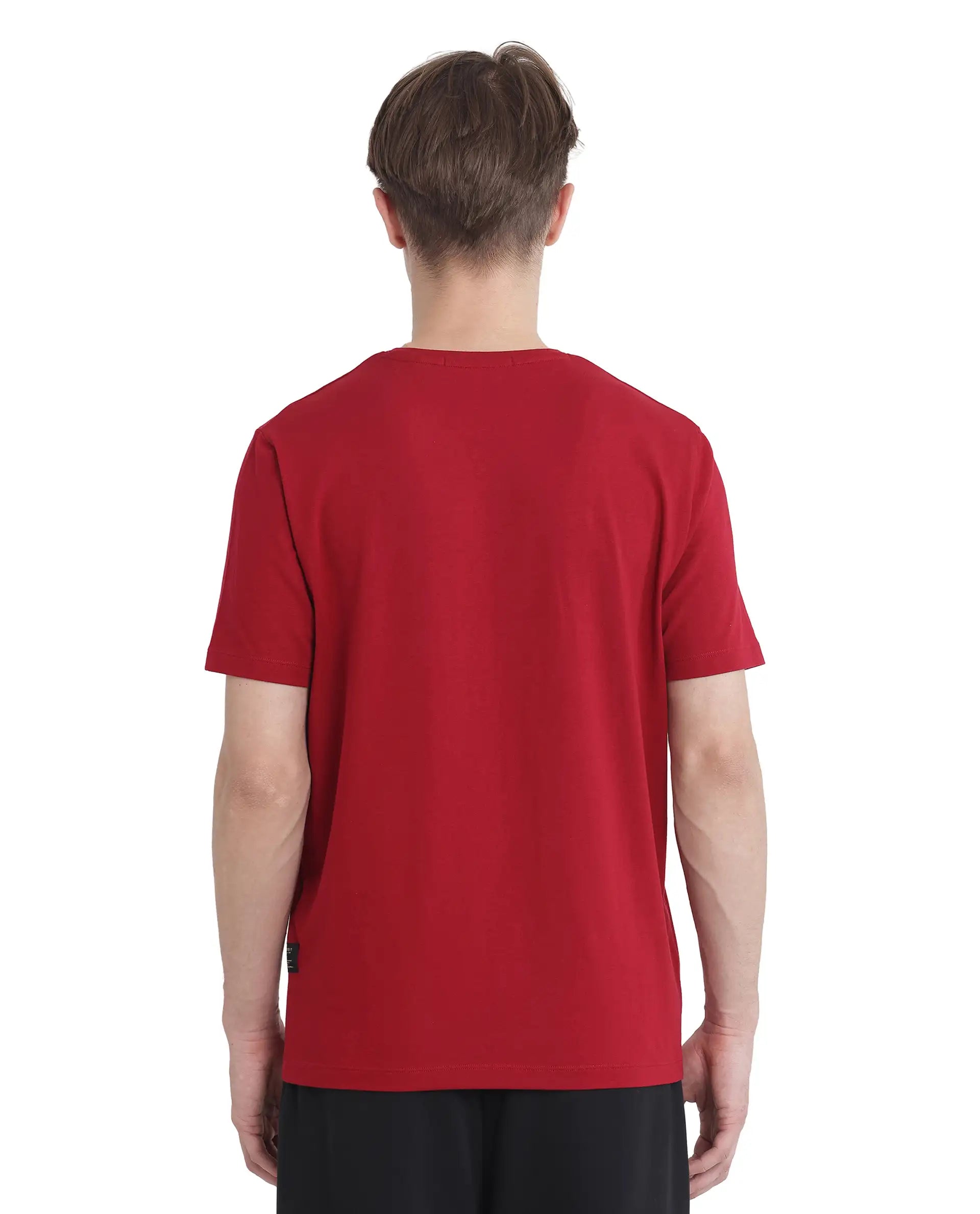 Rare Rabbit Men Rabbit-Inf Red Cotton Lycra Fabric Short Sleeve Crew Neck Regular Fit Printed T-Shirt