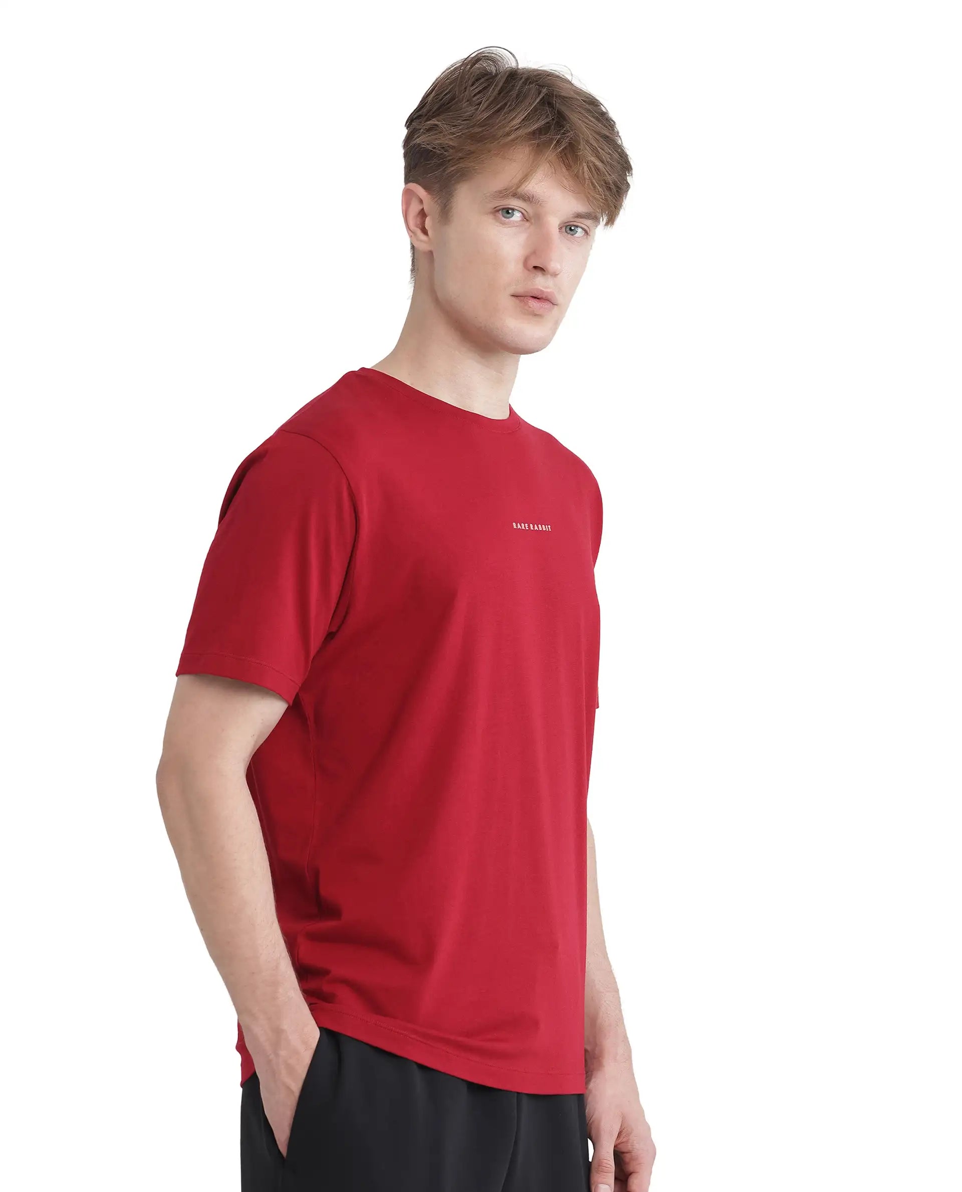 Rare Rabbit Men Rabbit-Inf Red Cotton Lycra Fabric Short Sleeve Crew Neck Regular Fit Printed T-Shirt