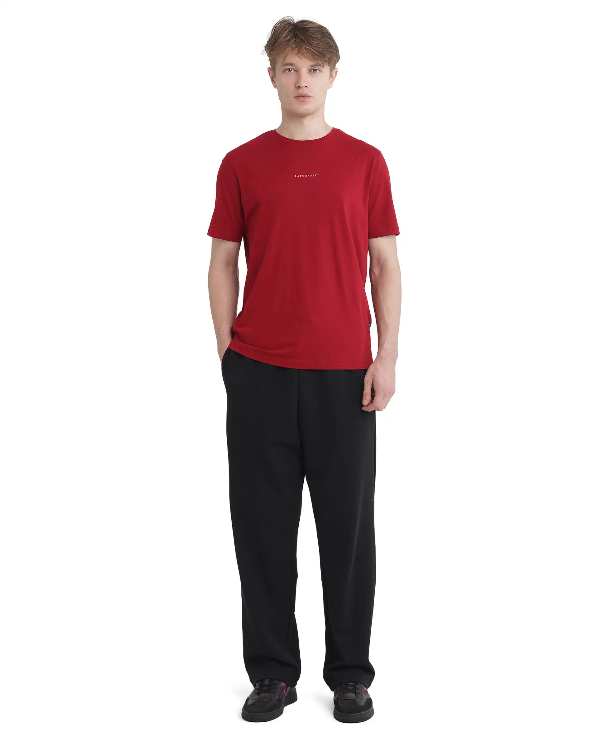 Rare Rabbit Men Rabbit-Inf Red Cotton Lycra Fabric Short Sleeve Crew Neck Regular Fit Printed T-Shirt