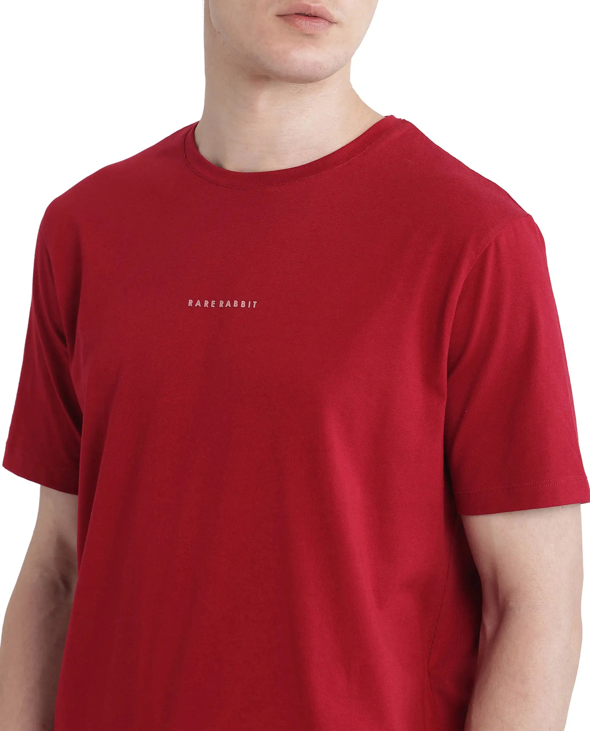 Rare Rabbit Men Rabbit-Inf Red Cotton Lycra Fabric Short Sleeve Crew Neck Regular Fit Printed T-Shirt