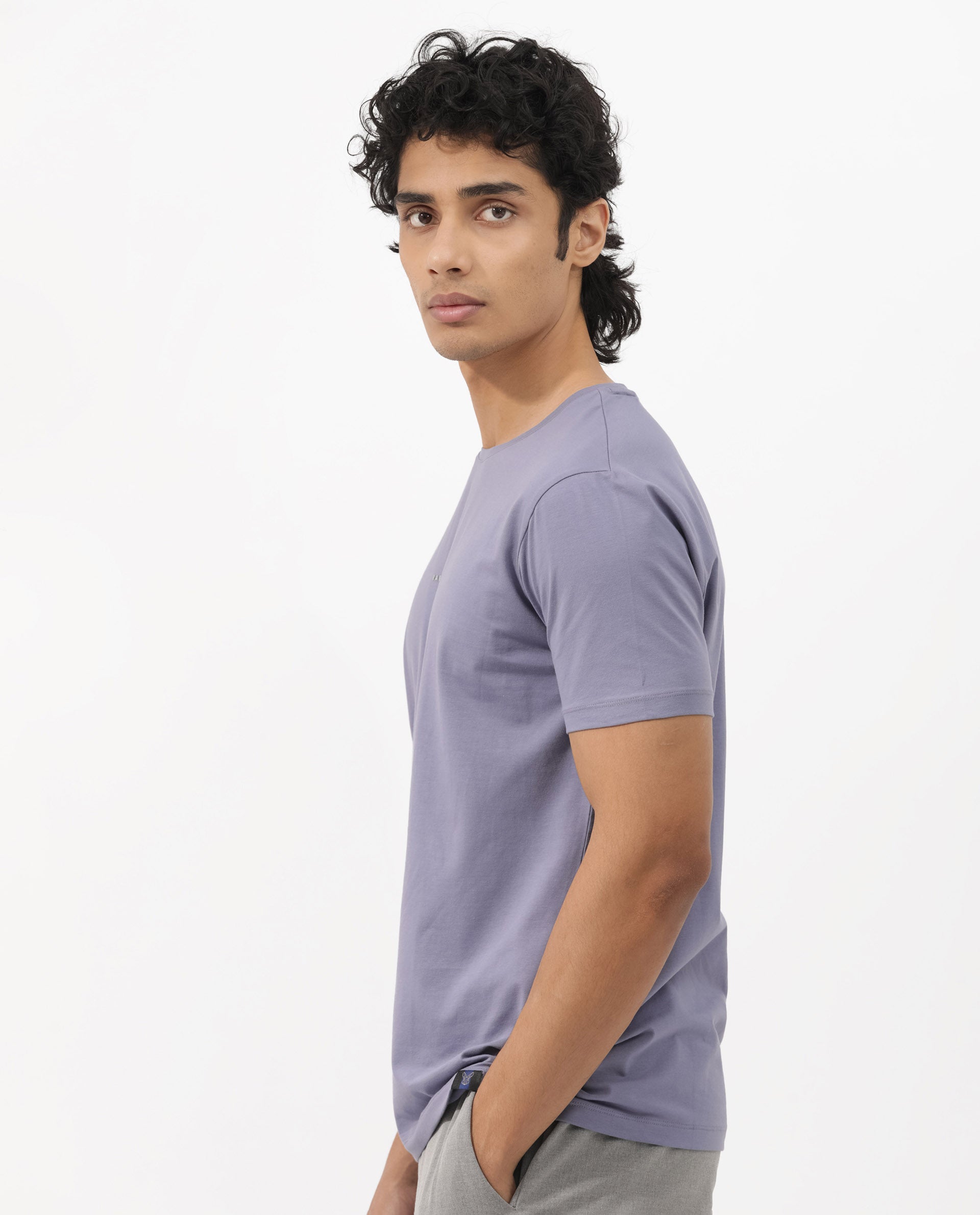 Rare Rabbit Mens Rabbit-Z Dusky Purple Cotton Blend Fabric Short Sleeve Plain T-Shirt