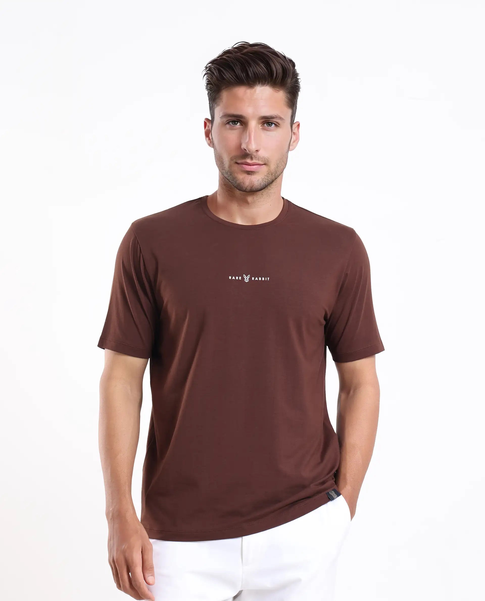 Rare Rabbit Men's Rabbit-25 Dark Brown Cotton Blend Graphic Print Regular Fit Half Sleeve Crew Neck T-Shirt