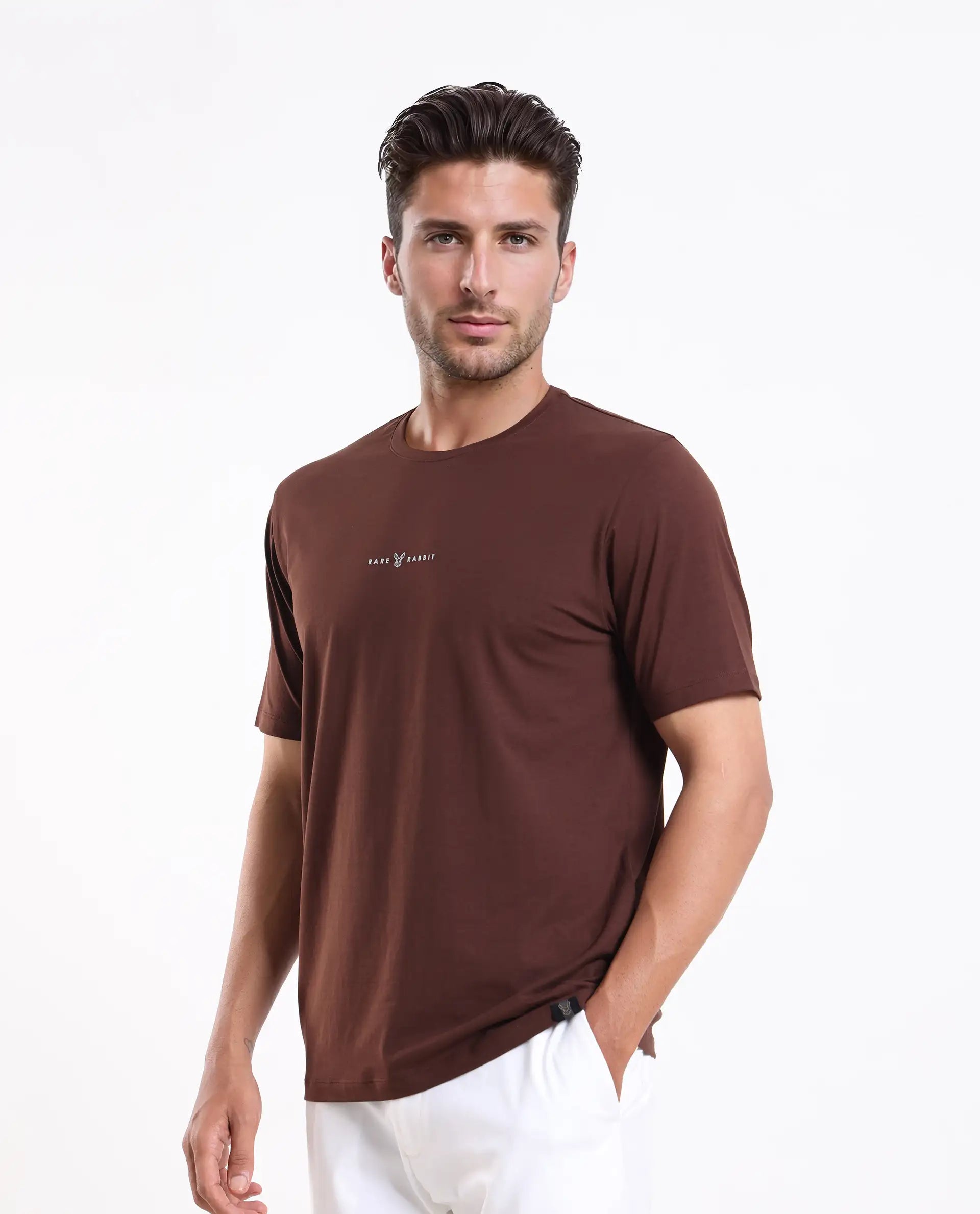 Rare Rabbit Men's Rabbit-25 Dark Brown Cotton Blend Graphic Print Regular Fit Half Sleeve Crew Neck T-Shirt