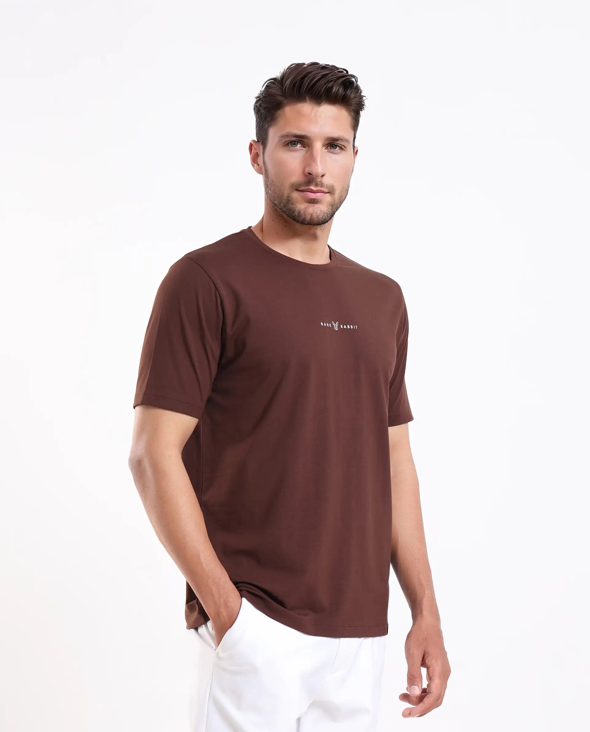 Rare Rabbit Men's Rabbit-25 Dark Brown Cotton Blend Graphic Print Regular Fit Half Sleeve Crew Neck T-Shirt