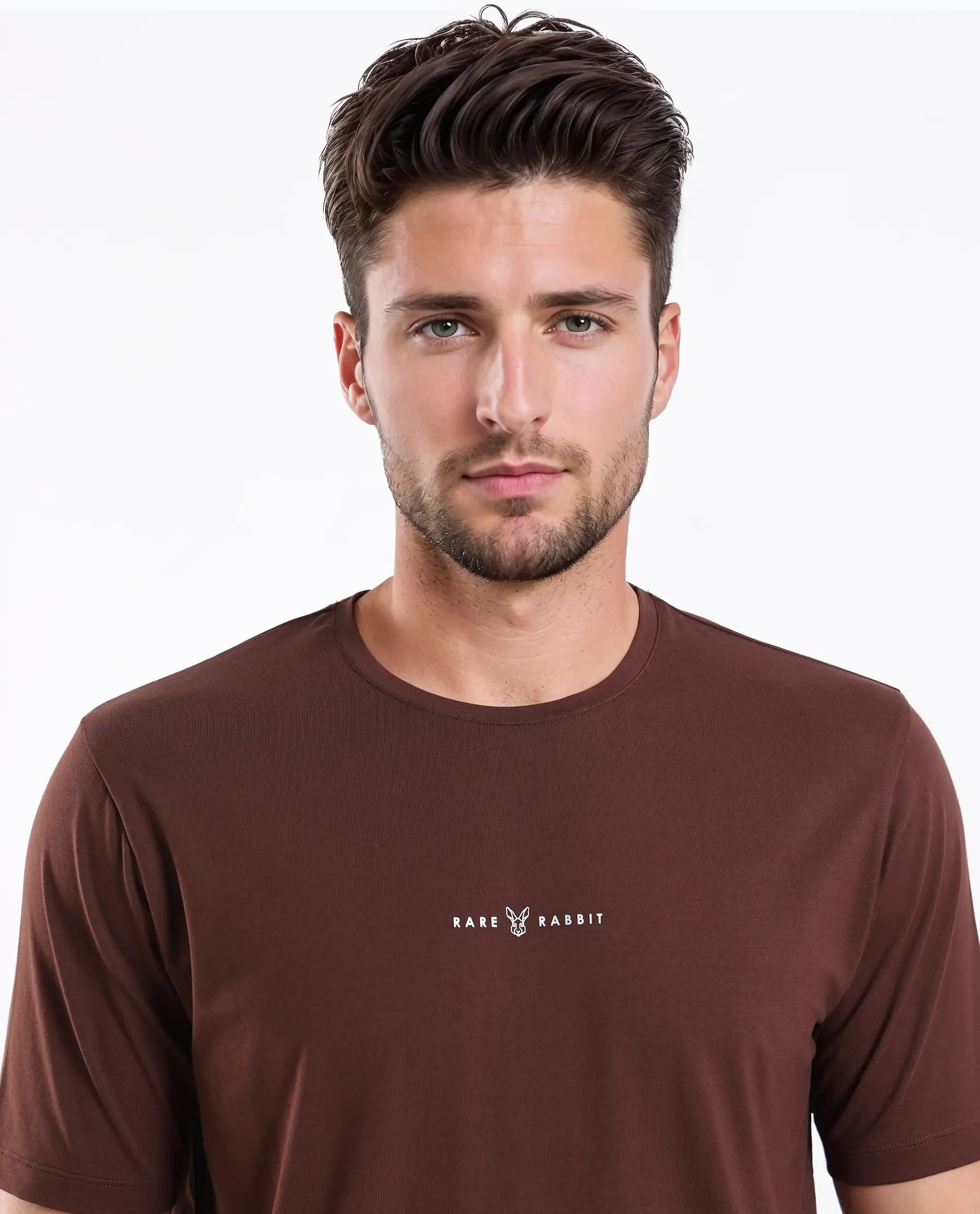 Rare Rabbit Men's Rabbit-25 Dark Brown Cotton Blend Graphic Print Regular Fit Half Sleeve Crew Neck T-Shirt