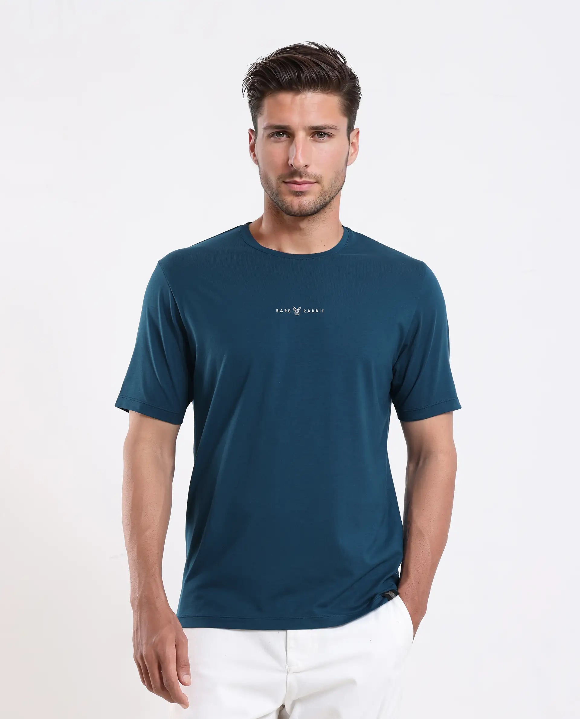 Rare Rabbit Men's Rabbit-25 Teal Cotton Blend Graphic Print Regular Fit Half Sleeve Crew Neck T-Shirt