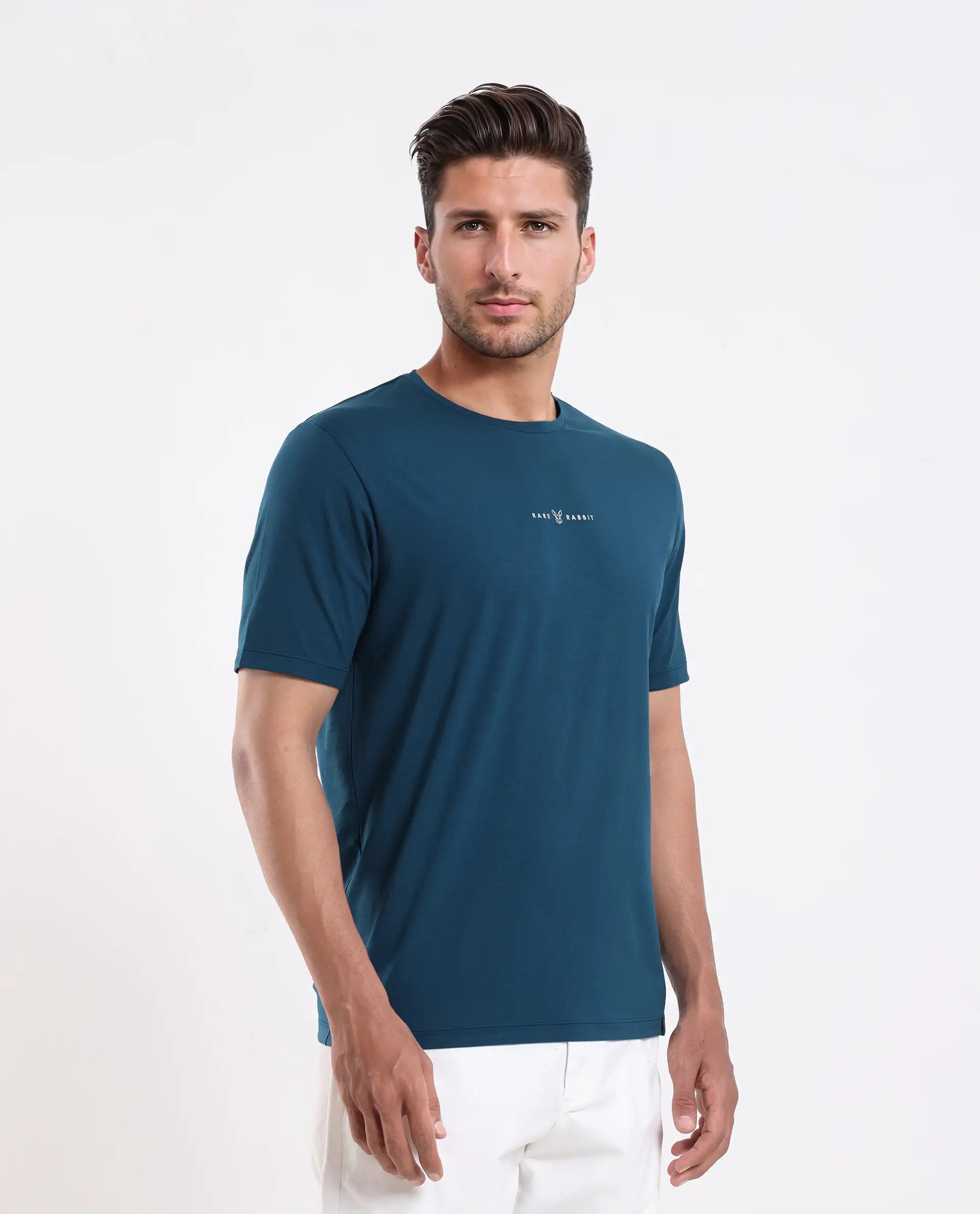 Rare Rabbit Men's Rabbit-25 Teal Cotton Blend Graphic Print Regular Fit Half Sleeve Crew Neck T-Shirt