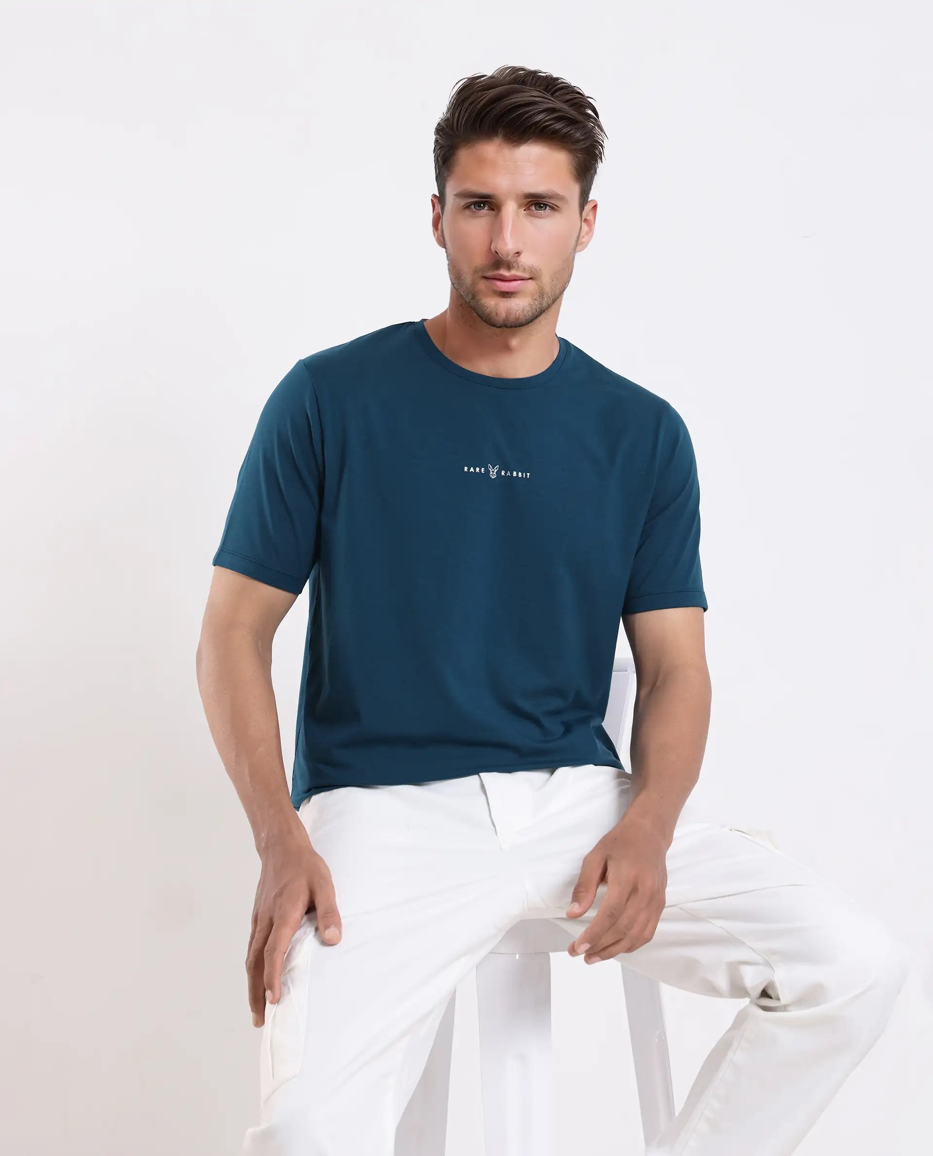 Rare Rabbit Men's Rabbit-25 Teal Cotton Blend Graphic Print Regular Fit Half Sleeve Crew Neck T-Shirt