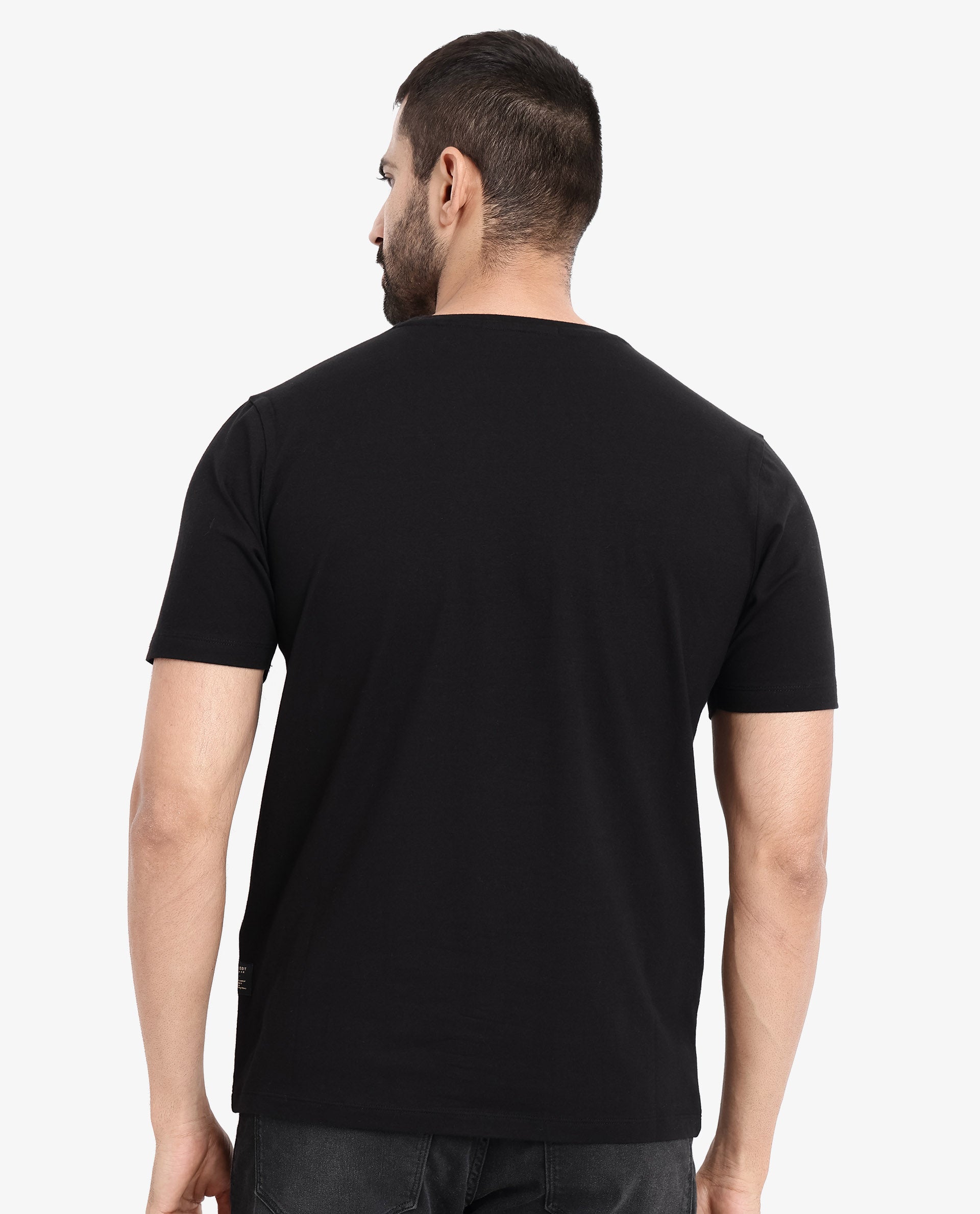 Rare Rabbit Men Rabo Black Cotton Lycra Fabric Short Sleeve Crew Neck Regular Fit Flock HD Graphic Print T-Shirt