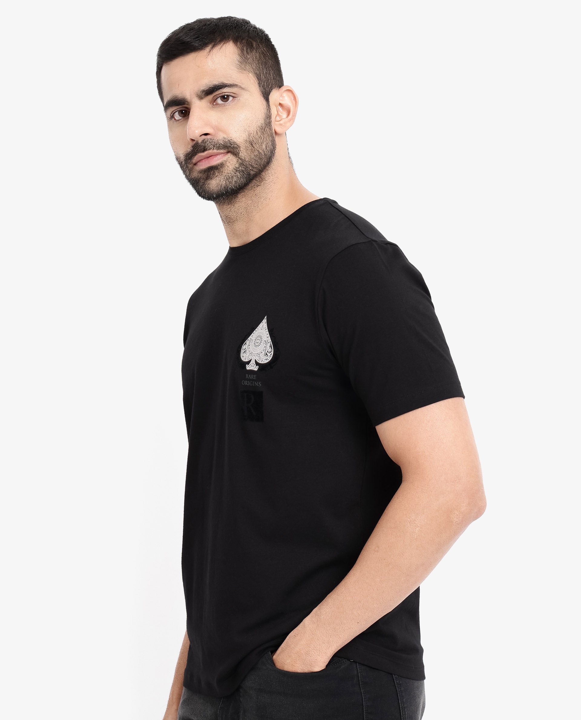 Rare Rabbit Men Rabo Black Cotton Lycra Fabric Short Sleeve Crew Neck Regular Fit Flock HD Graphic Print T-Shirt