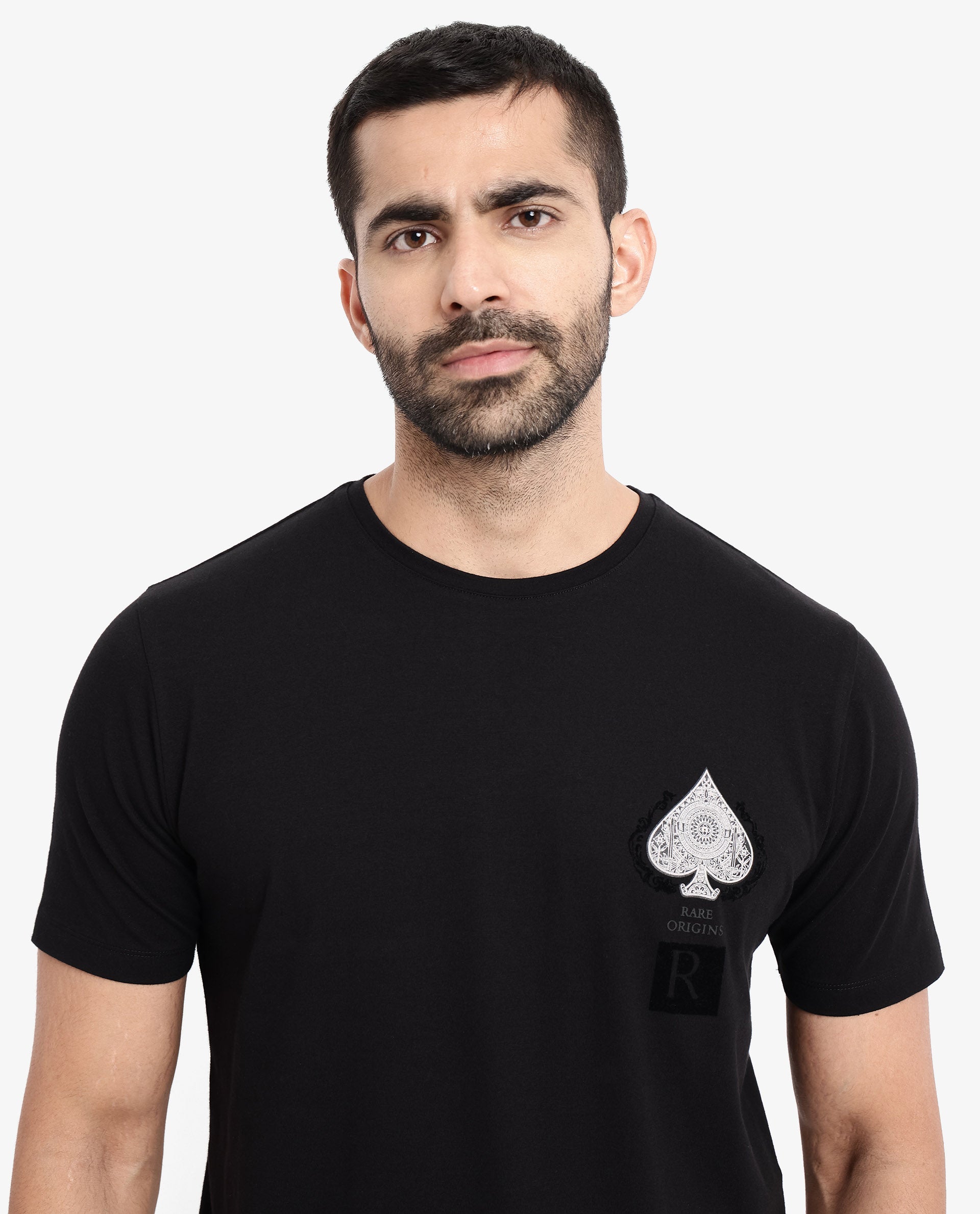 Rare Rabbit Men Rabo Black Cotton Lycra Fabric Short Sleeve Crew Neck Regular Fit Flock HD Graphic Print T-Shirt