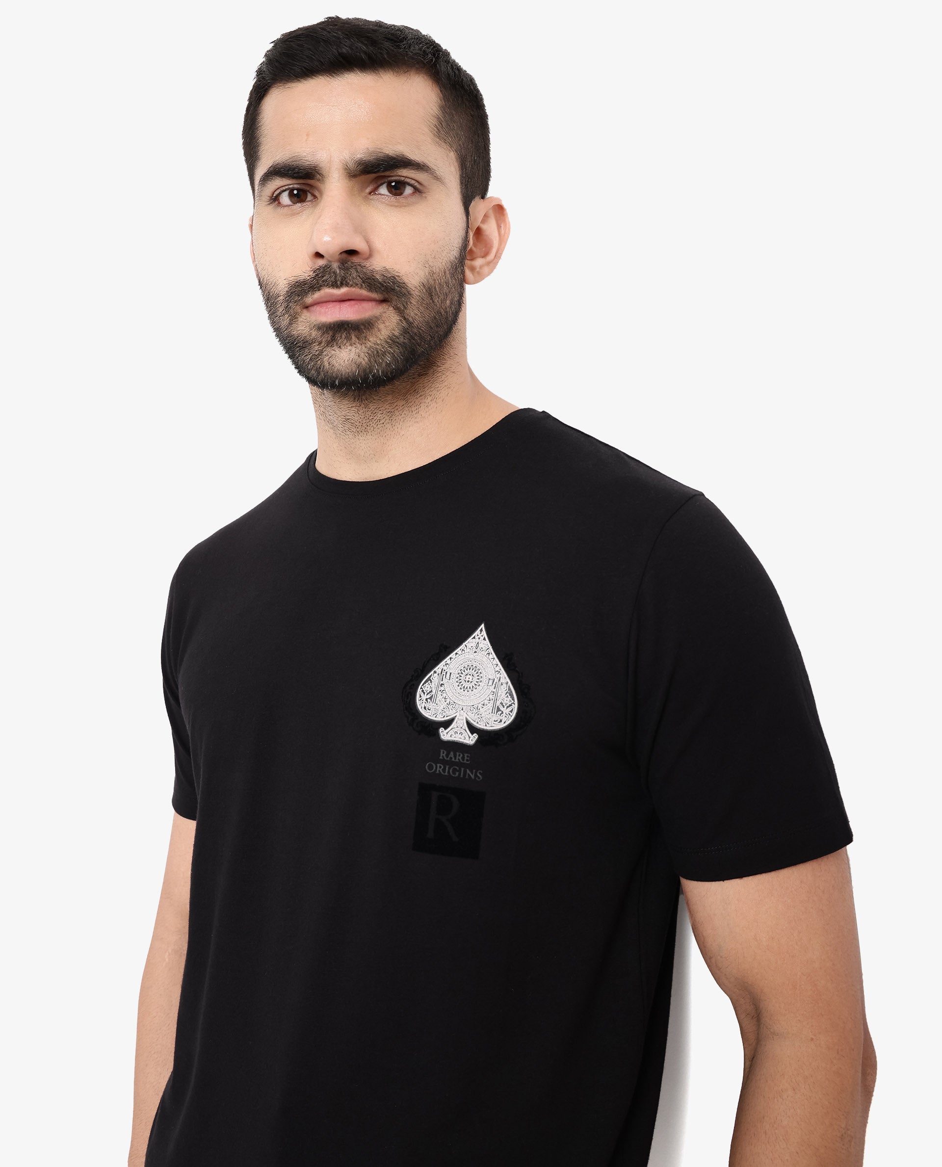 Rare Rabbit Men Rabo Black Cotton Lycra Fabric Short Sleeve Crew Neck Regular Fit Flock HD Graphic Print T-Shirt