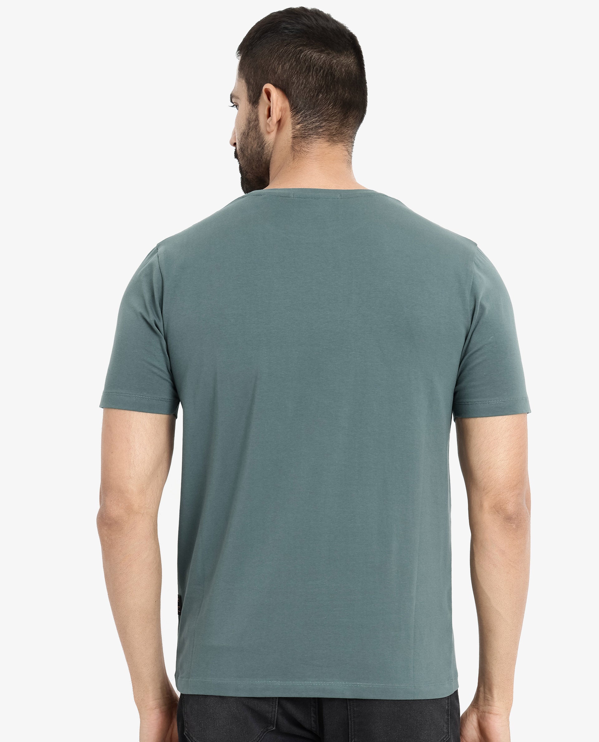 Rare Rabbit Men Rabo Teal Cotton Lycra Fabric Short Sleeve Crew Neck Regular Fit Flock HD Graphic Print T-Shirt