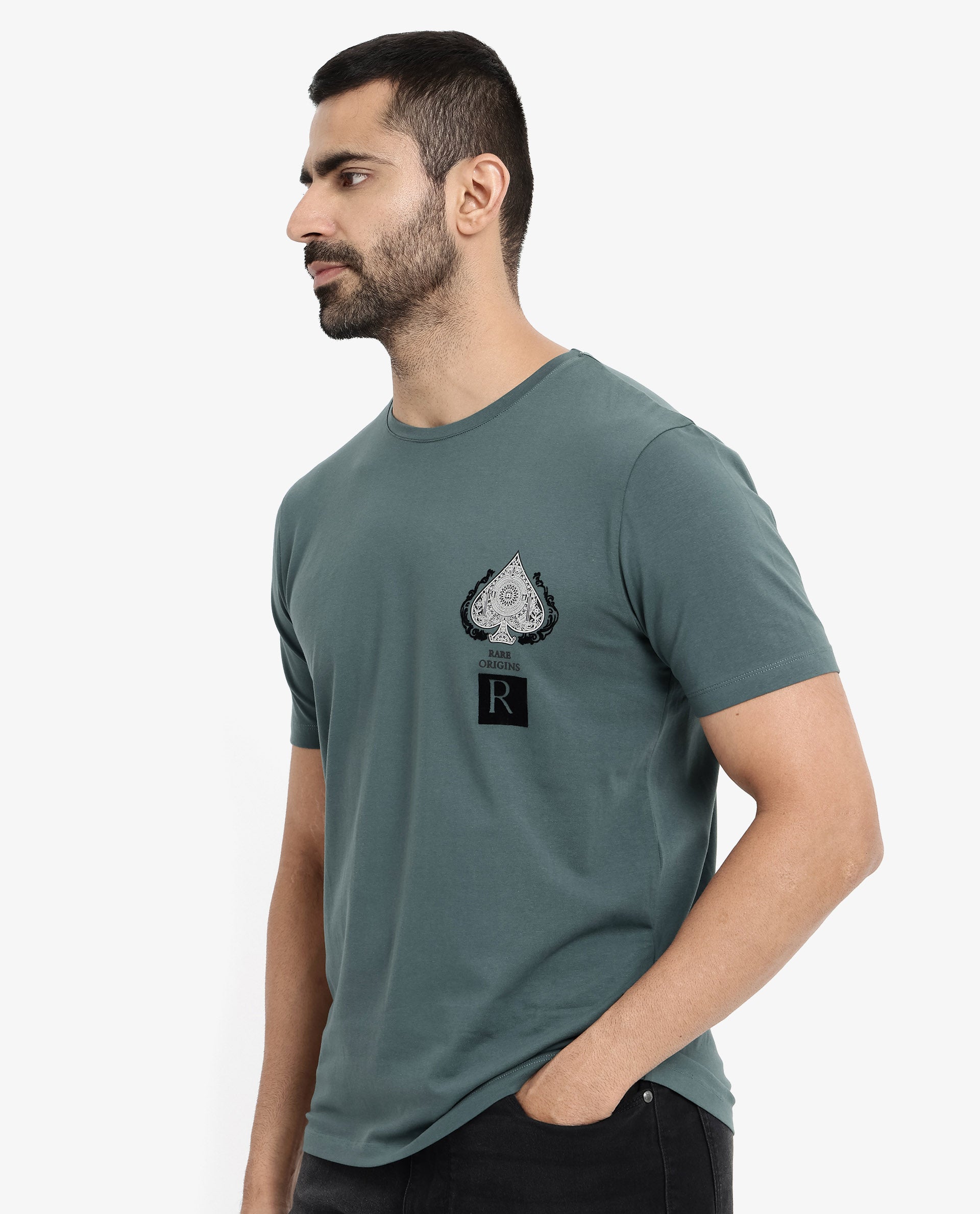 Rare Rabbit Men Rabo Teal Cotton Lycra Fabric Short Sleeve Crew Neck Regular Fit Flock HD Graphic Print T-Shirt