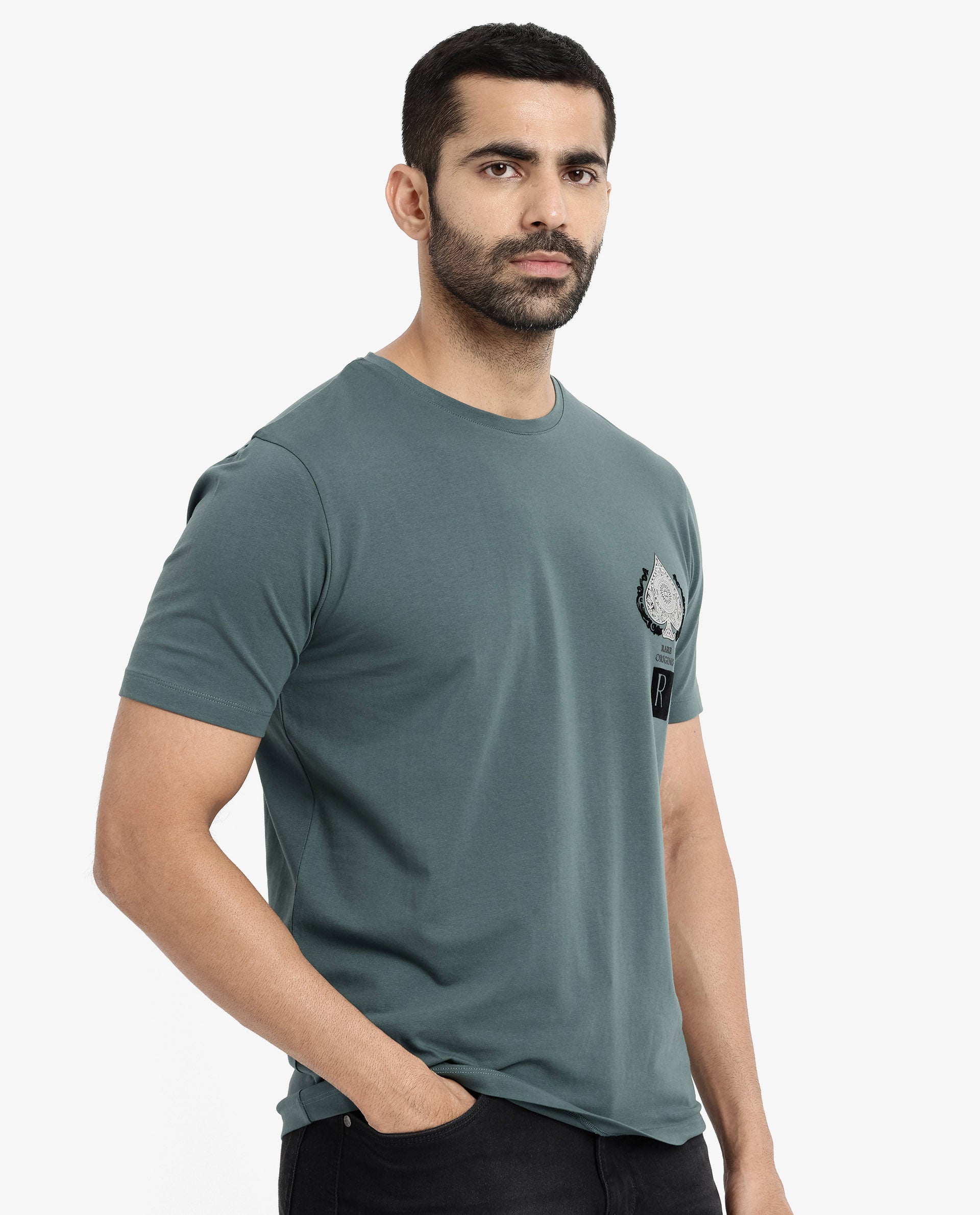 Rare Rabbit Men Rabo Teal Cotton Lycra Fabric Short Sleeve Crew Neck Regular Fit Flock HD Graphic Print T-Shirt