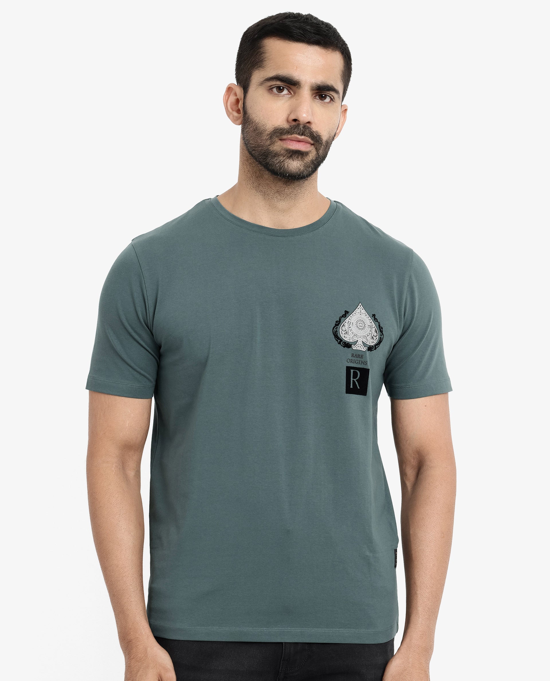 Rare Rabbit Men Rabo Teal Cotton Lycra Fabric Short Sleeve Crew Neck Regular Fit Flock HD Graphic Print T-Shirt