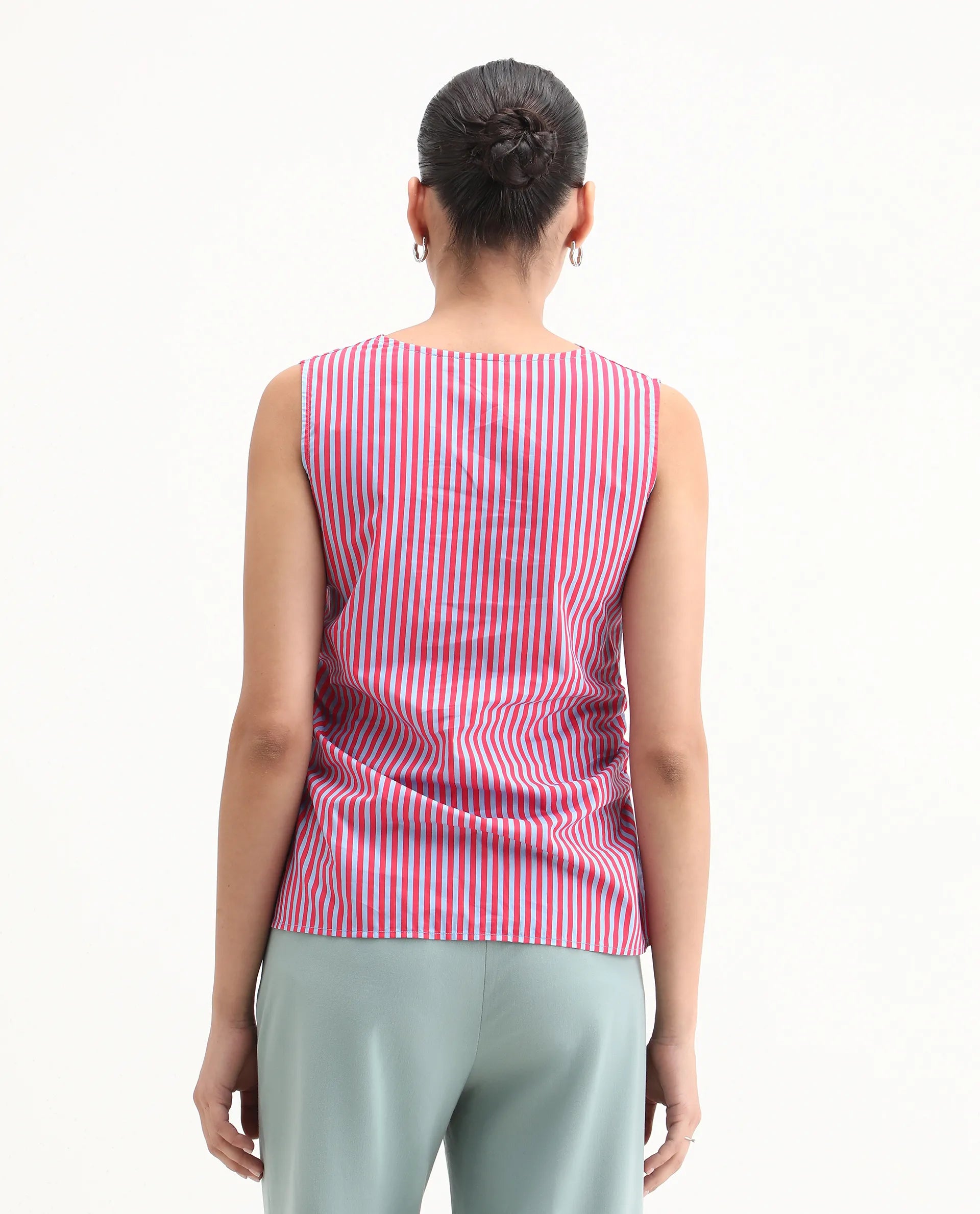 Rareism Women's Radar Light Blue Cotton Cowl Neck Striped Sleeveless Regular Fit Top