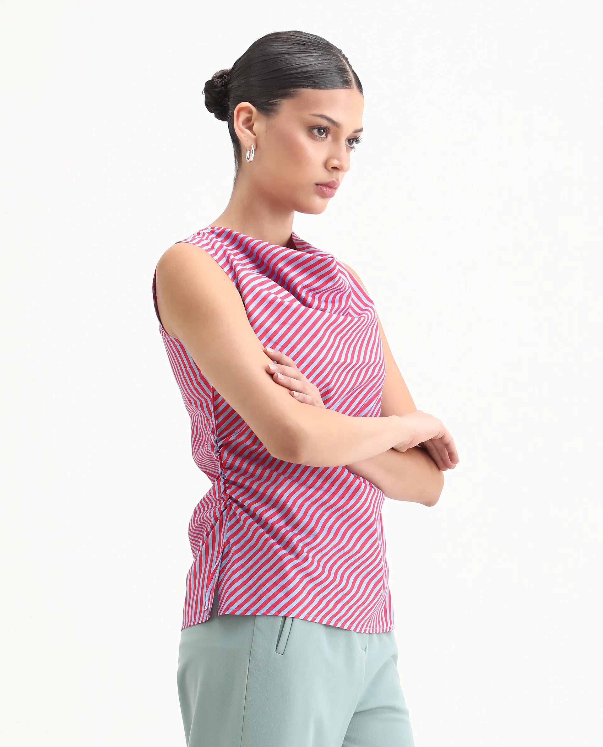 Rareism Women's Radar Light Blue Cotton Cowl Neck Striped Sleeveless Regular Fit Top