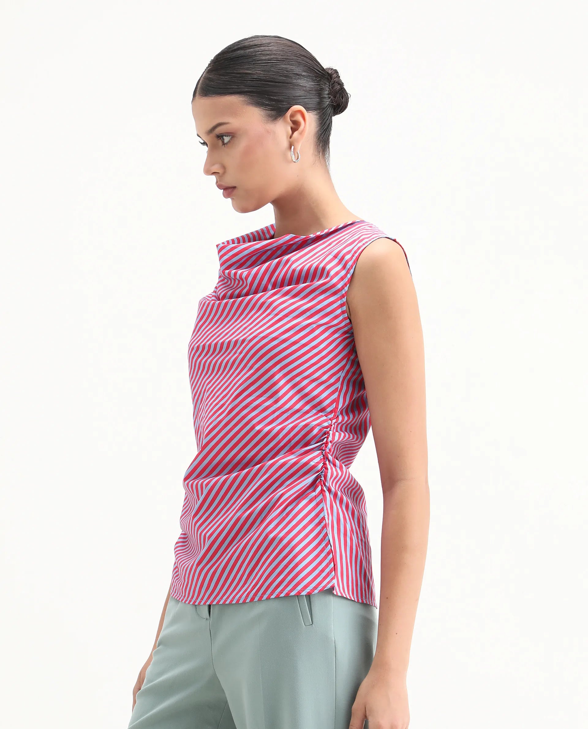 Rareism Women's Radar Light Blue Cotton Cowl Neck Striped Sleeveless Regular Fit Top