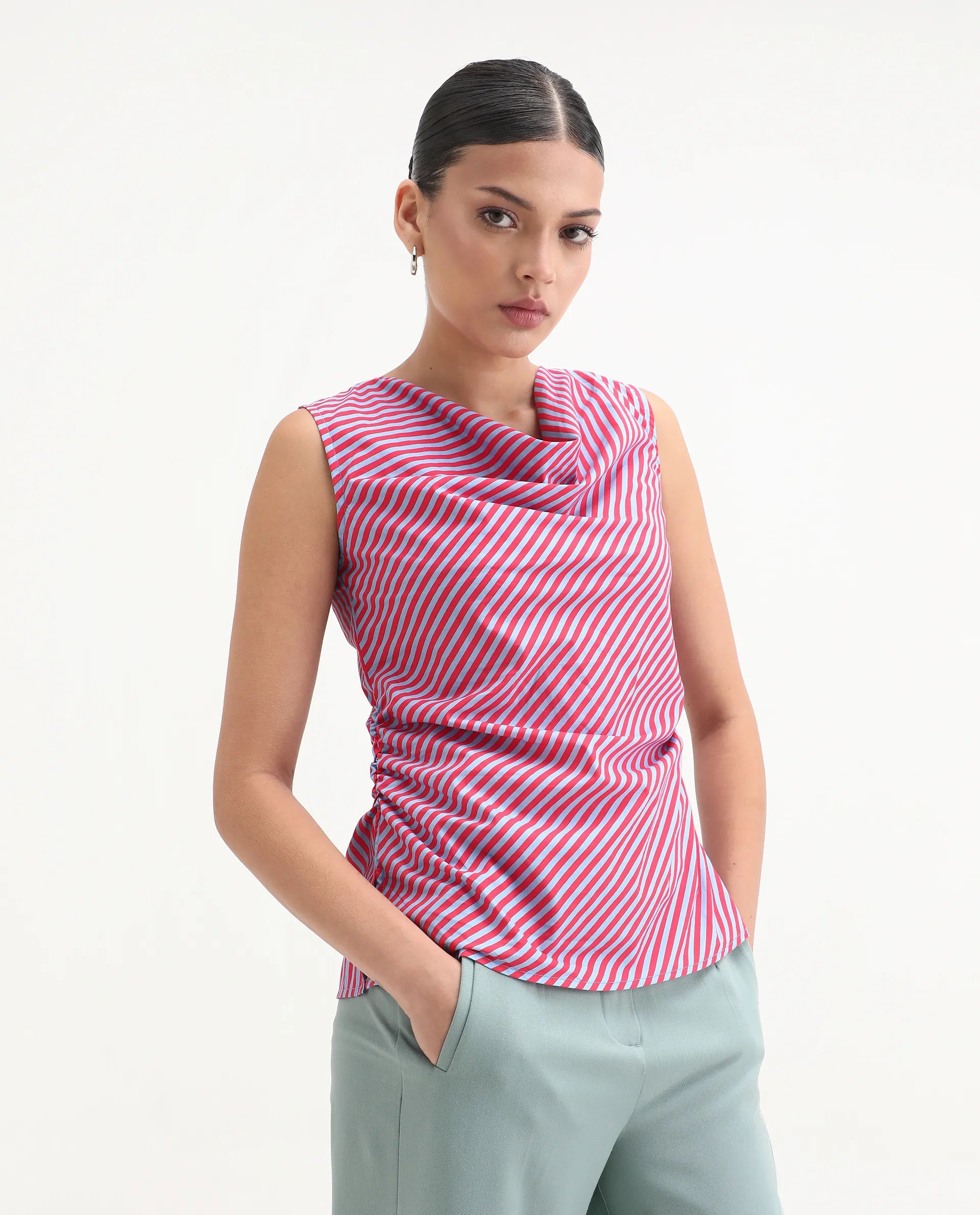 Rareism Women's Radar Light Blue Cotton Cowl Neck Striped Sleeveless Regular Fit Top