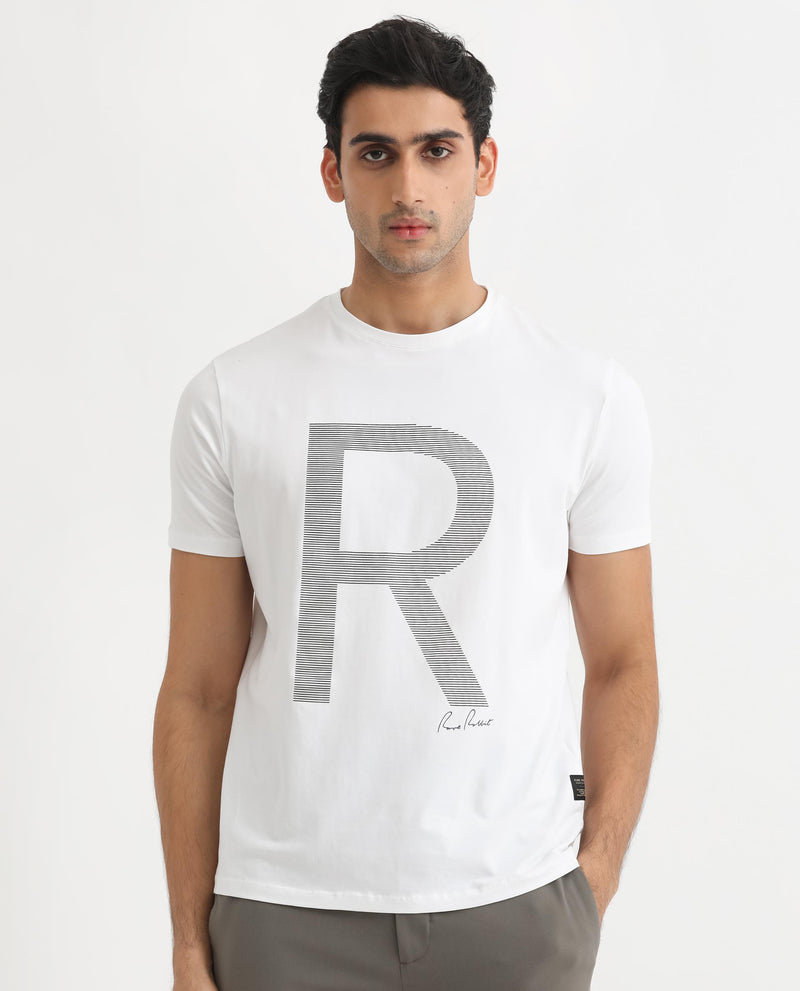 Rare Rabbit Men's Radd White Crew Neck Logo Printed Half Sleeves Slim Fit T-Shirt