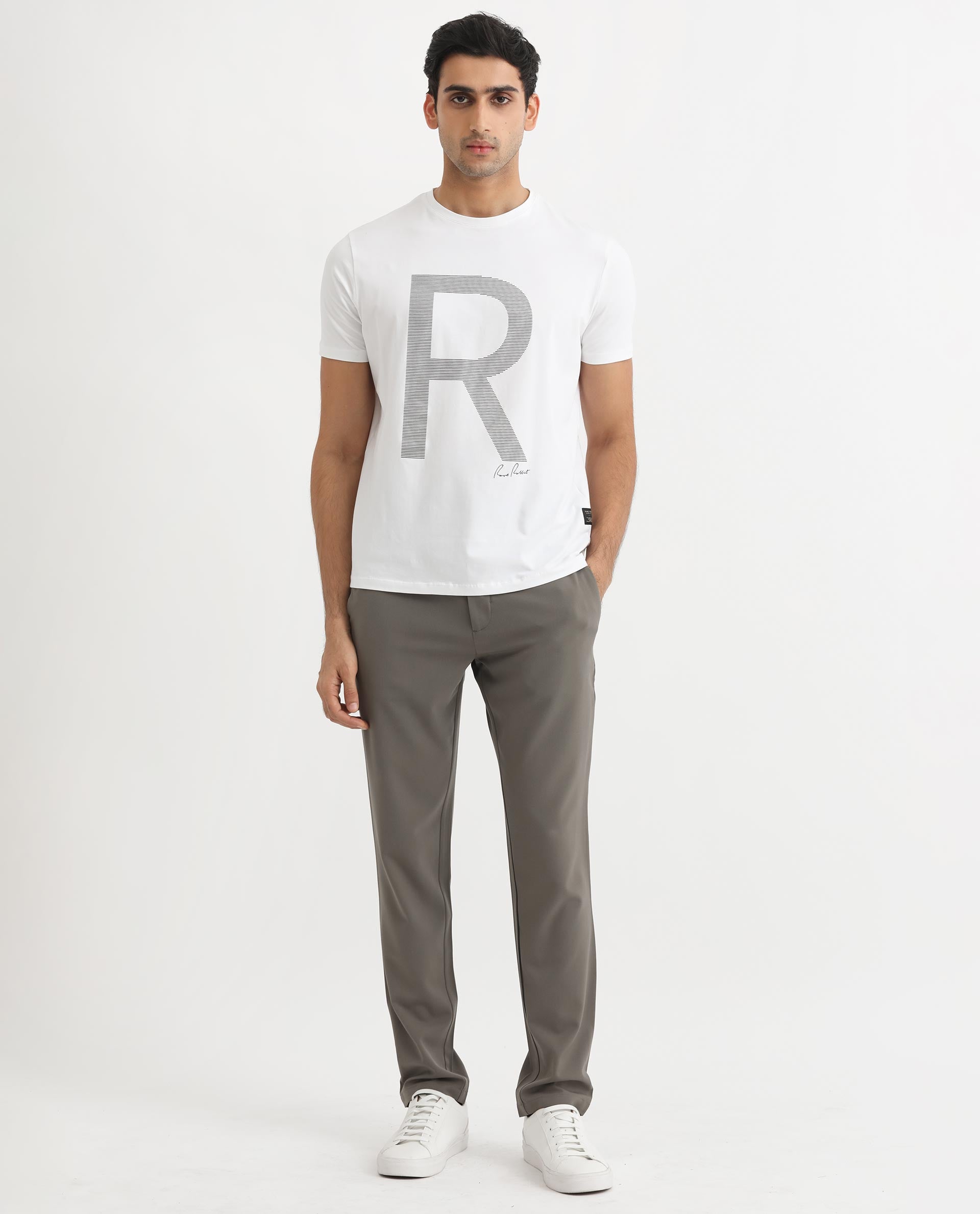 Rare Rabbit Men's Radd White Crew Neck Logo Printed Half Sleeves Slim Fit T-Shirt