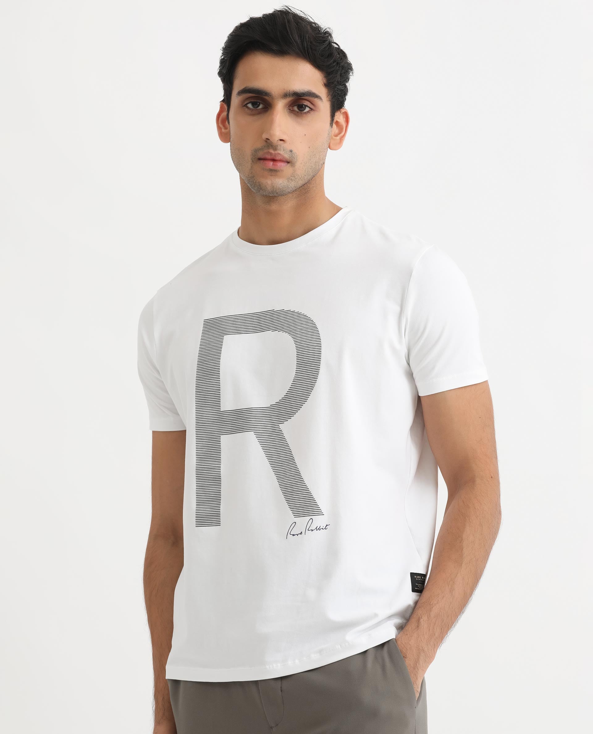 Rare Rabbit Men's Radd White Crew Neck Logo Printed Half Sleeves Slim Fit T-Shirt