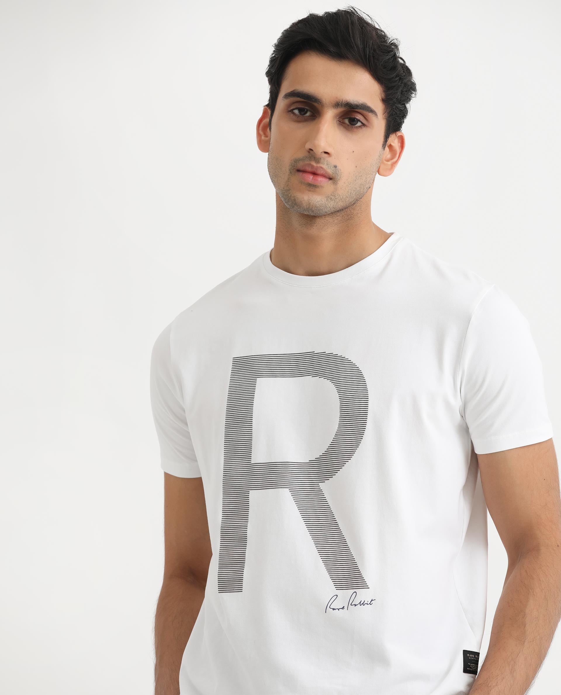 Rare Rabbit Men's Radd White Crew Neck Logo Printed Half Sleeves Slim Fit T-Shirt