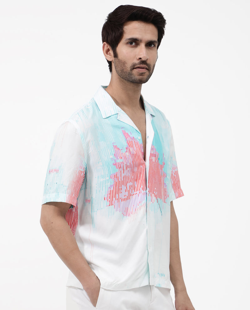 Rare Rabbit Mens Radet White Viscose Fabric Cuban Collar Short Sleeve Boxy Fit Abstract Print Shirt