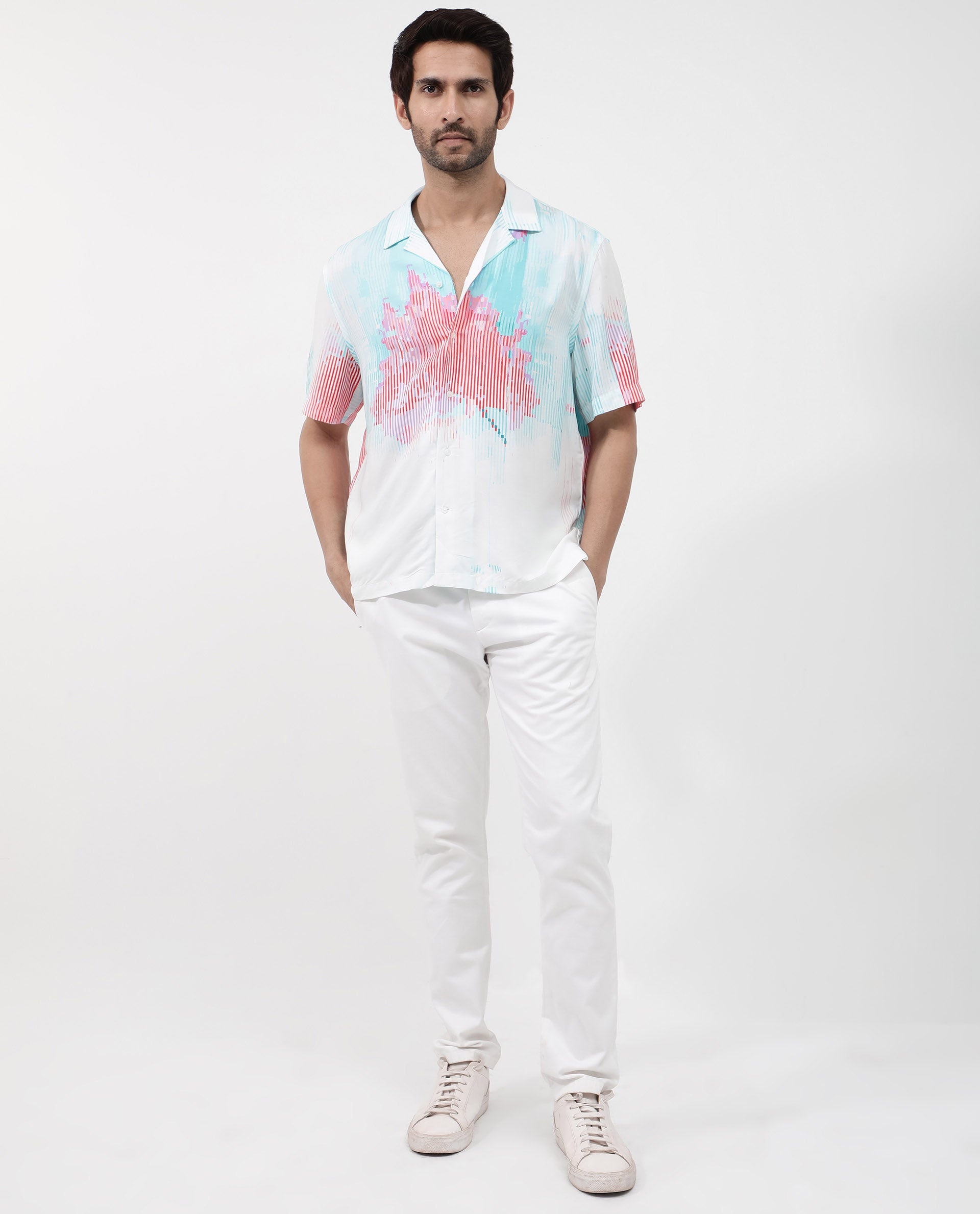 Rare Rabbit Mens Radet White Viscose Fabric Cuban Collar Short Sleeve Boxy Fit Abstract Print Shirt