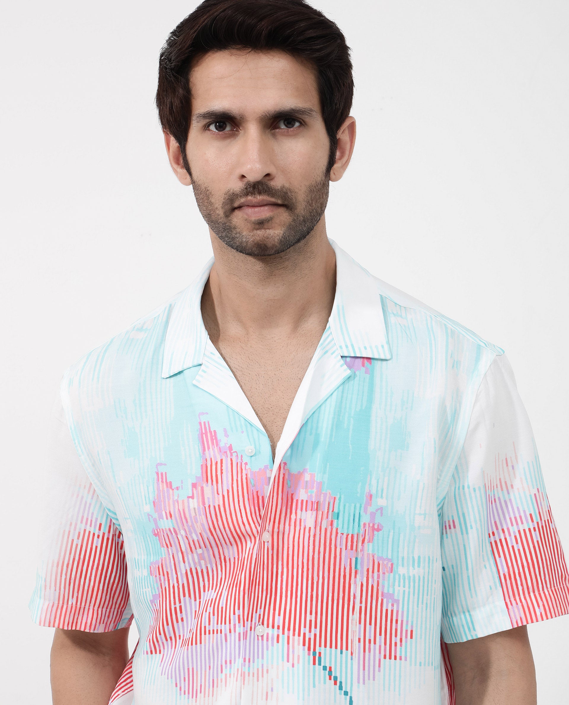 Rare Rabbit Mens Radet White Viscose Fabric Cuban Collar Short Sleeve Boxy Fit Abstract Print Shirt