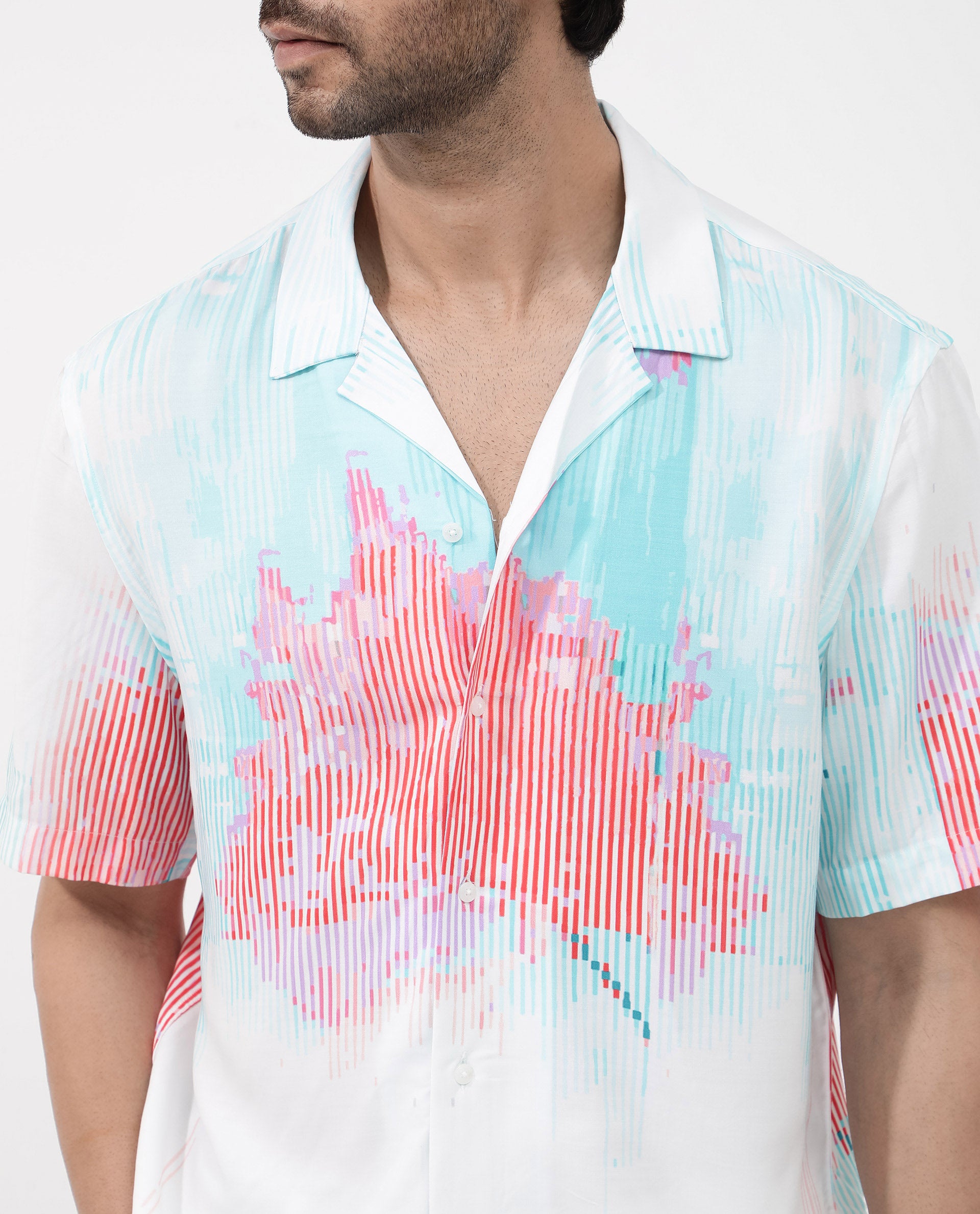 Rare Rabbit Mens Radet White Viscose Fabric Cuban Collar Short Sleeve Boxy Fit Abstract Print Shirt