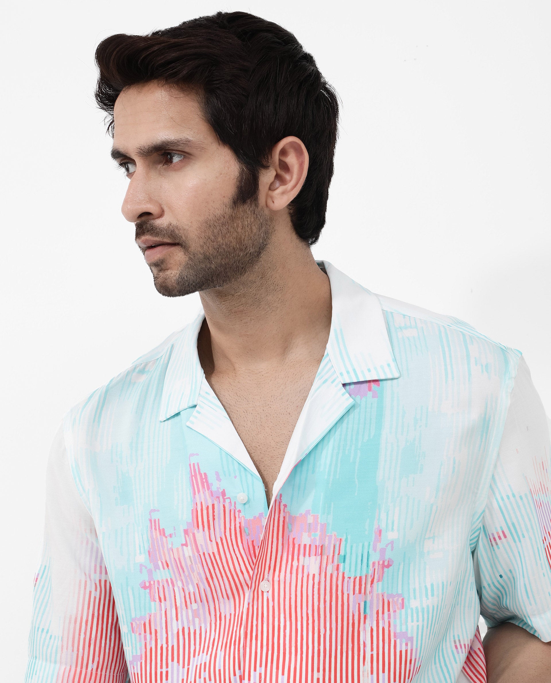 Rare Rabbit Mens Radet White Viscose Fabric Cuban Collar Short Sleeve Boxy Fit Abstract Print Shirt