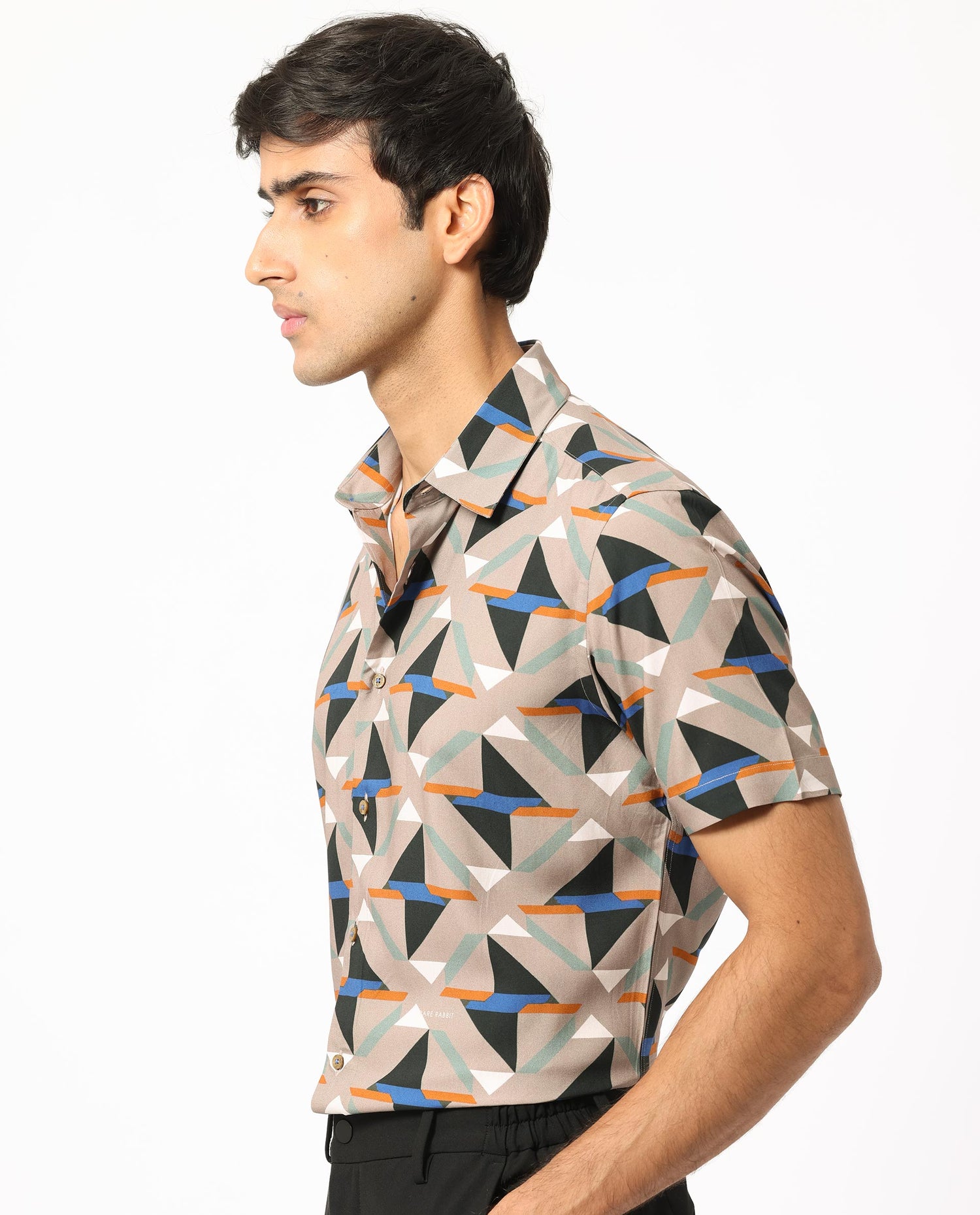 Rare Rabbit Men's Radium Beige Viscose Fabric Geometric Print Half Sle