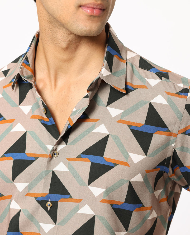 Rare Rabbit Men's Radium Beige Viscose Fabric Geometric Print Half Sleeves Shirt