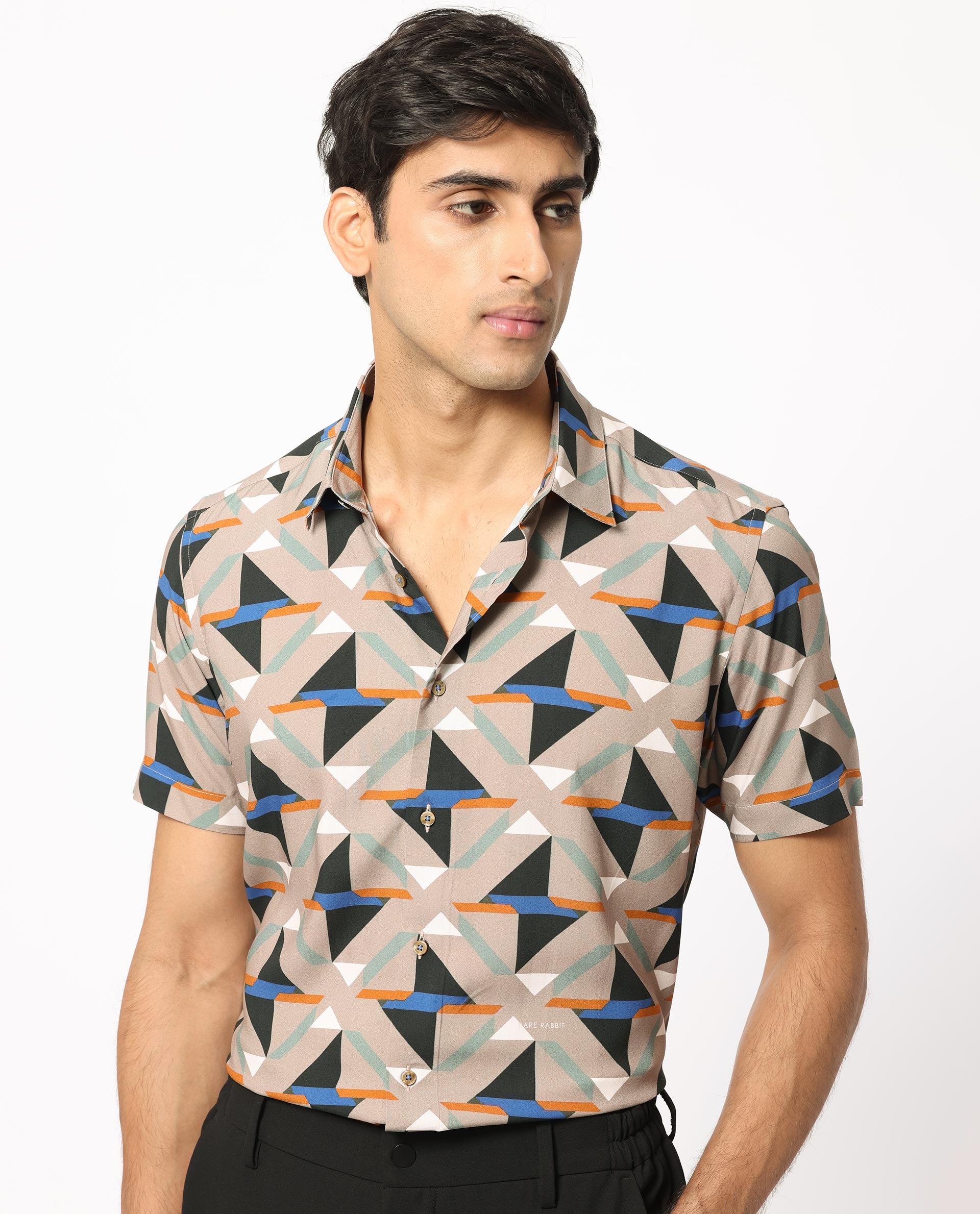 Rare Rabbit Men's Radium Beige Viscose Fabric Geometric Print Half Sleeves Shirt