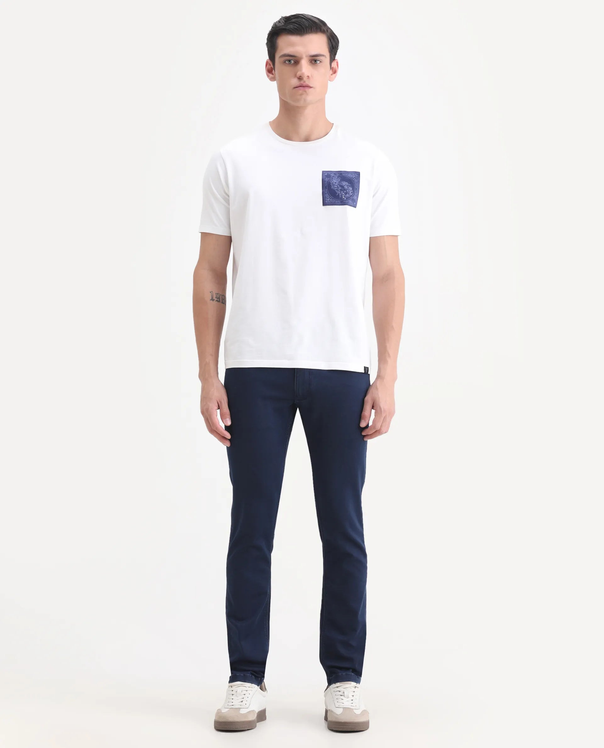 Rare Rabbit Men's Radley Blue Cotton Plain Hawk Slim Fit Jeans