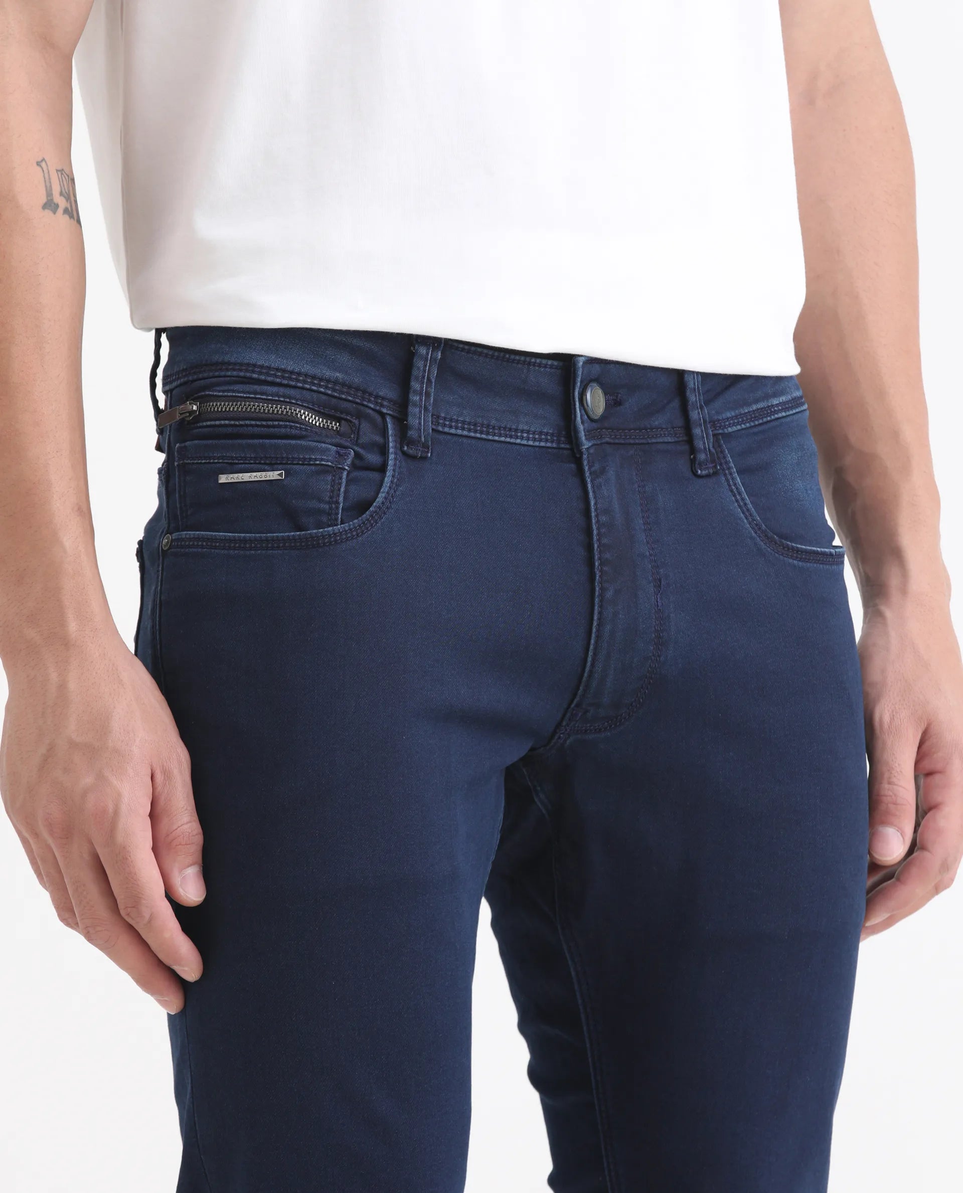 Rare Rabbit Men's Radley Blue Cotton Plain Hawk Slim Fit Jeans