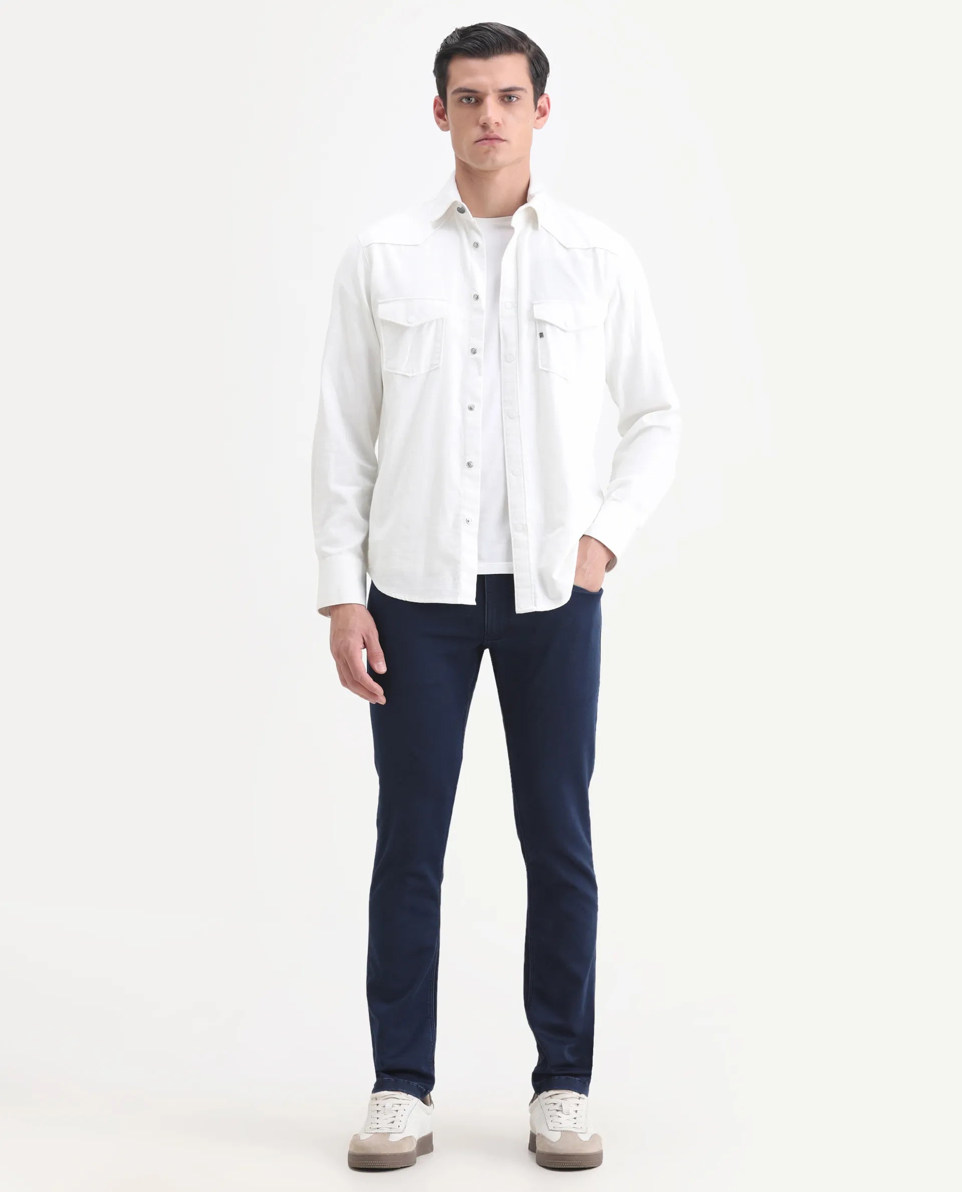 Rare Rabbit Men's Radley Blue Cotton Plain Hawk Slim Fit Jeans