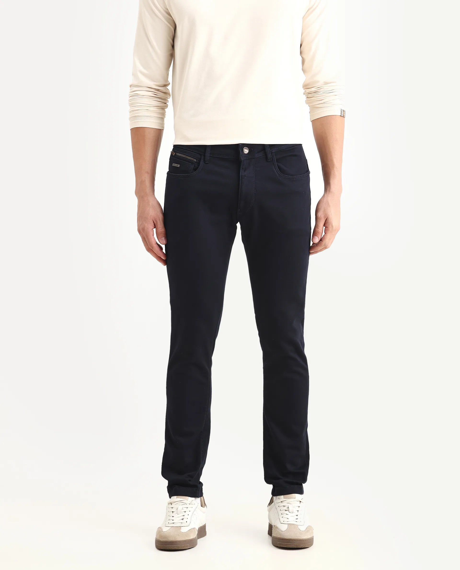 Rare Rabbit Men's Radley Navy Cotton Plain Hawk Slim Fit Jeans