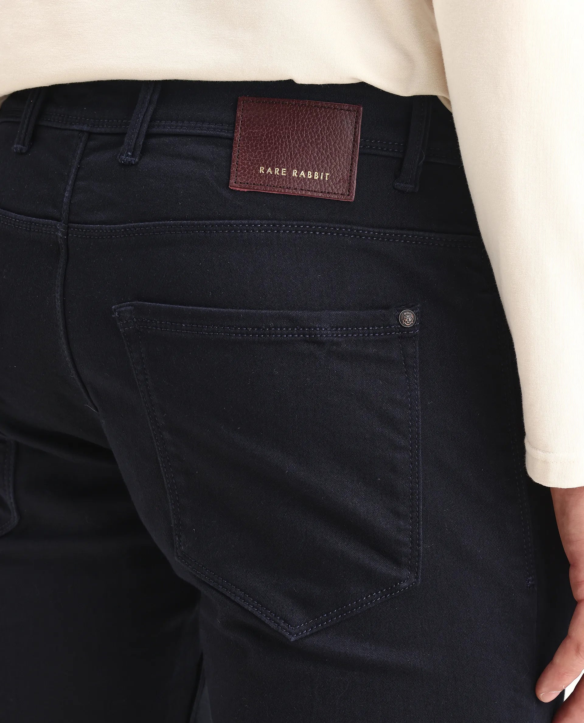 Rare Rabbit Men's Radley Navy Cotton Plain Hawk Slim Fit Jeans