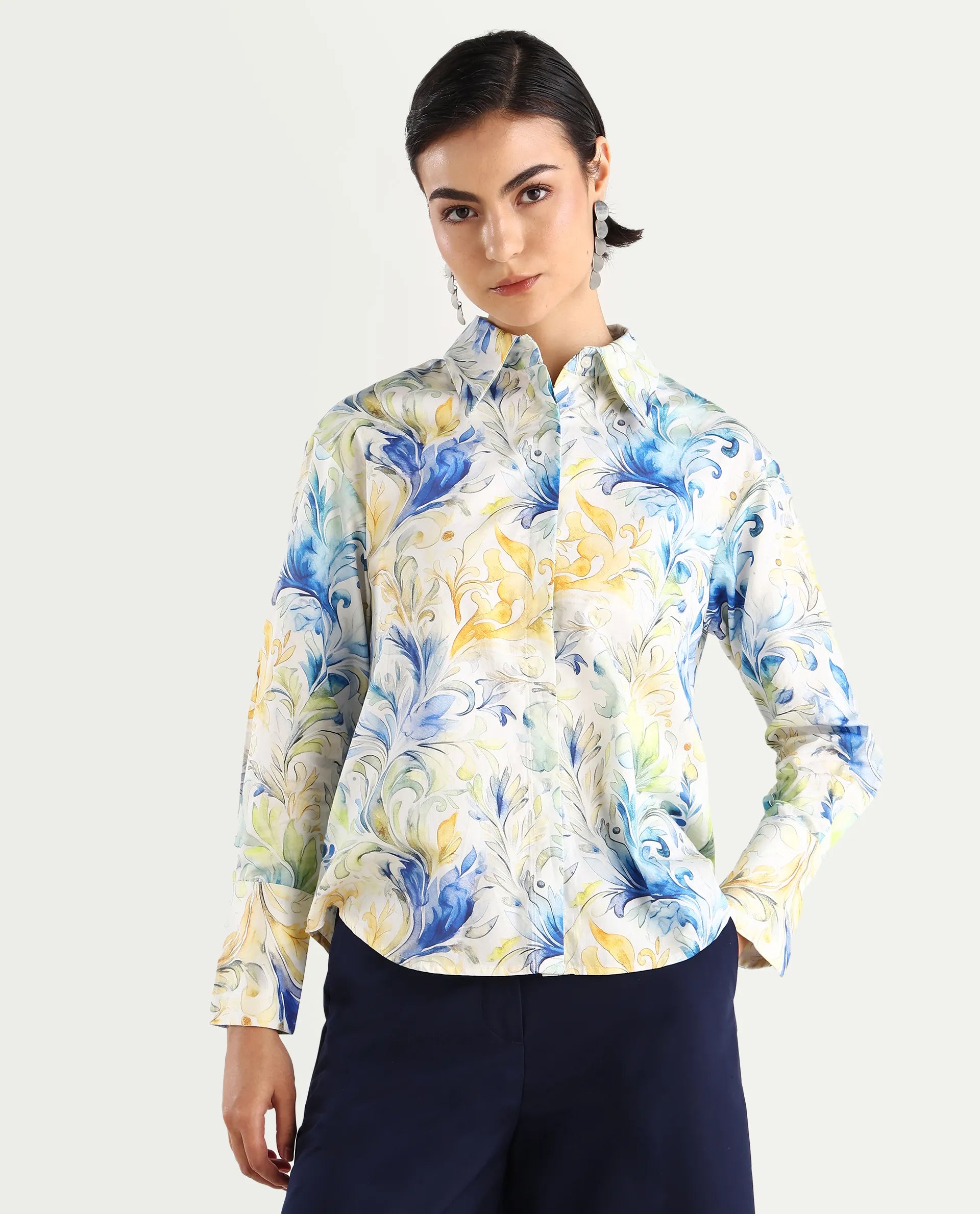 Rareism Women's Raenice Pastrel Multi Cotton Blend Drop Collar Abstract Print Cuffed Sleeve Regular Fit Top