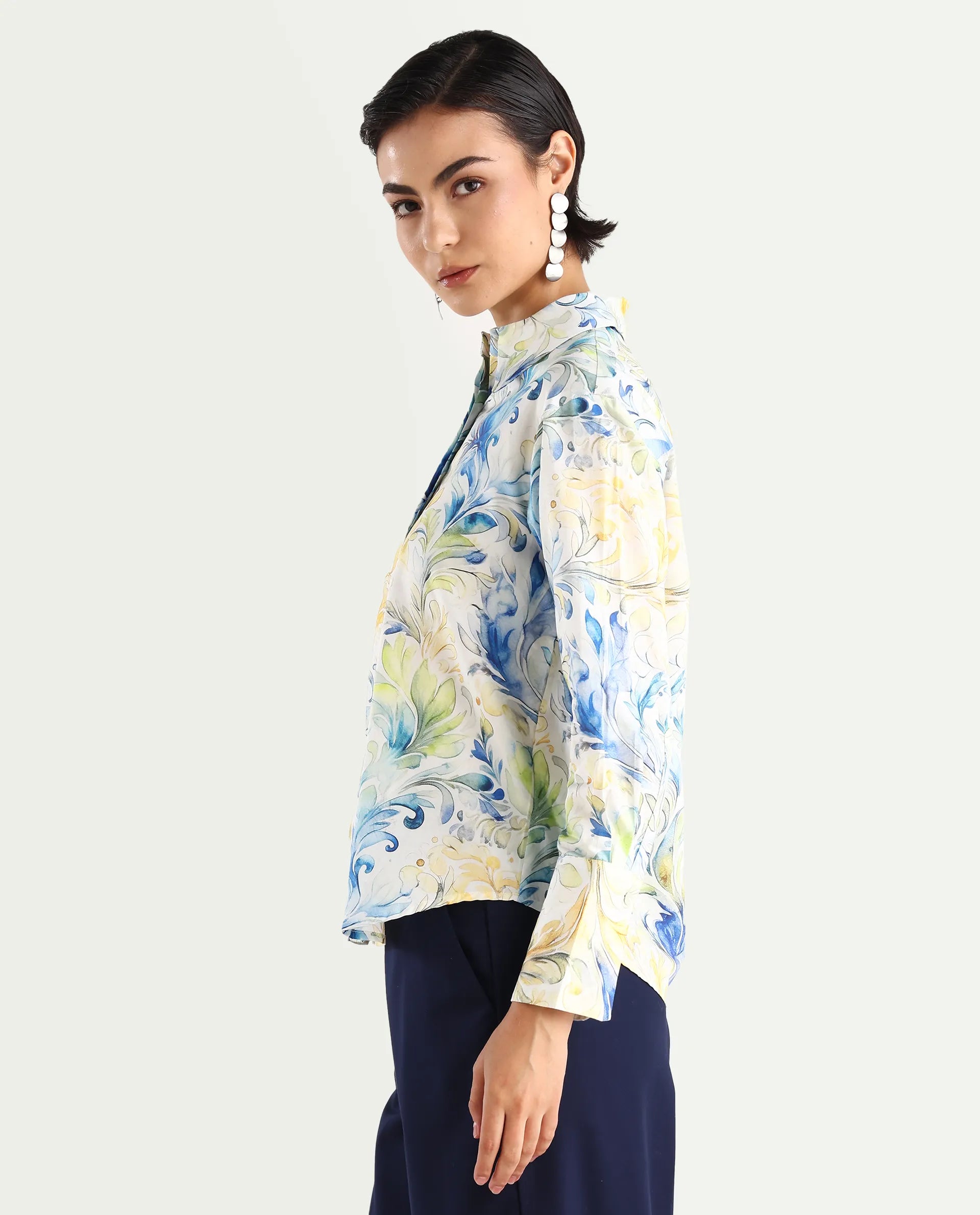 Rareism Women's Raenice Pastrel Multi Cotton Blend Drop Collar Abstract Print Cuffed Sleeve Regular Fit Top